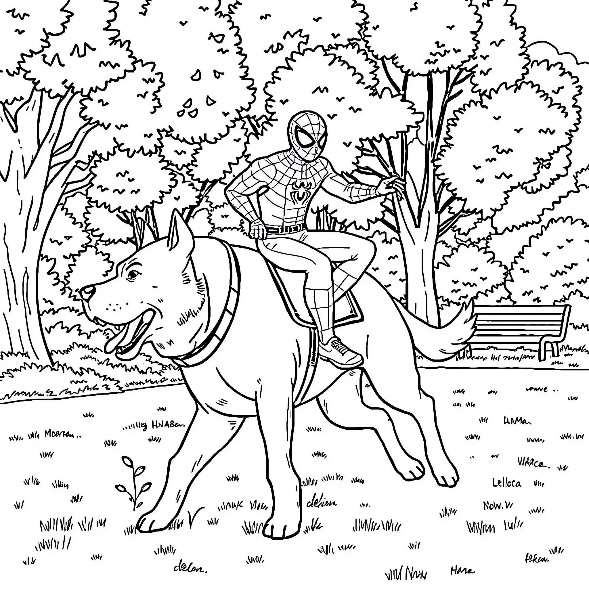 Spiderman riding on a friendly wolf in the forest Coloring Page (free black-and-white line drawing printable PDF for all, from beginners to advanced learners, including children, teens, adults, and seniors)