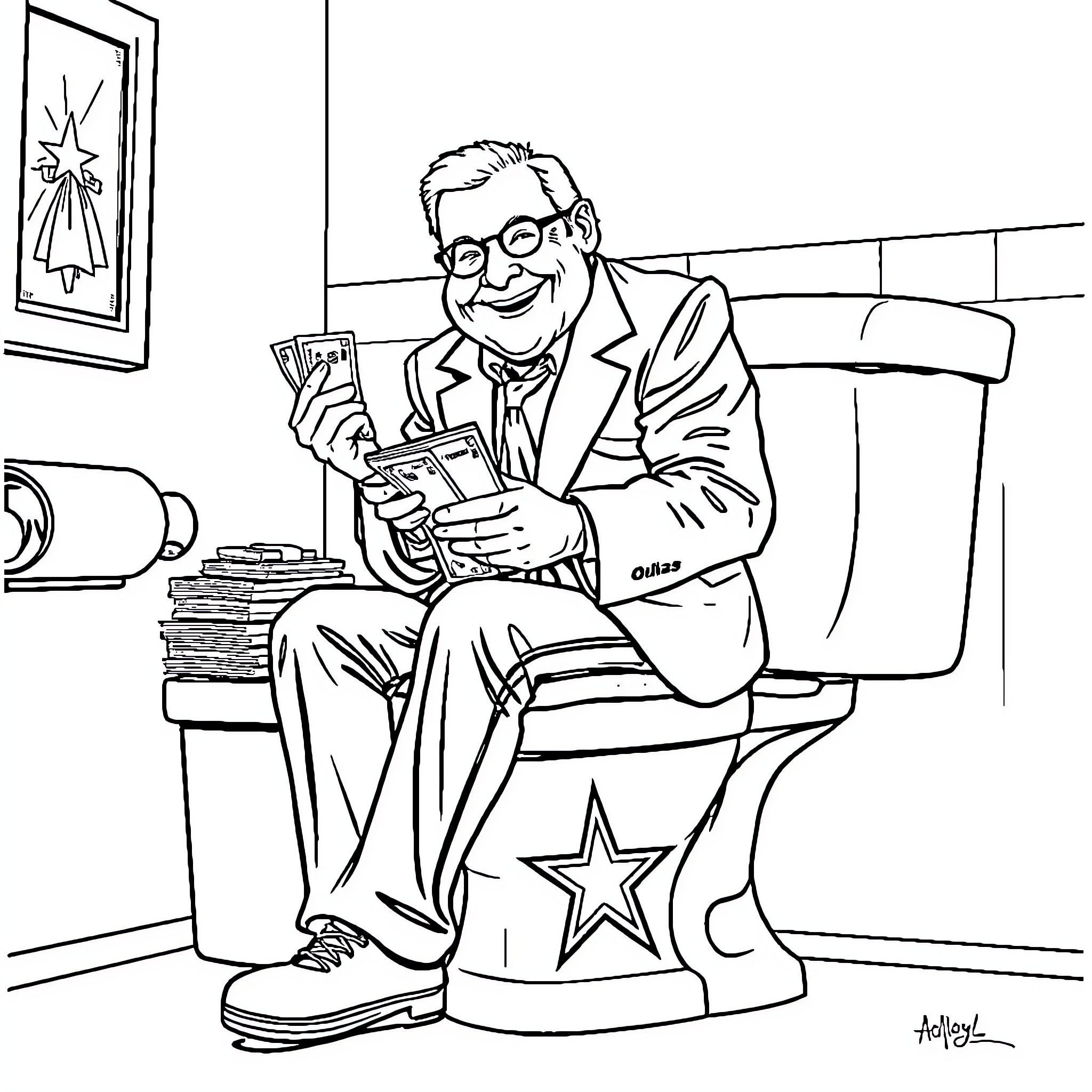 Jerry Jones, smiling and relaxed in his office Coloring Page (free black-and-white line drawing printable PDF for all, from beginners to advanced learners, including children, teens, adults, and seniors)