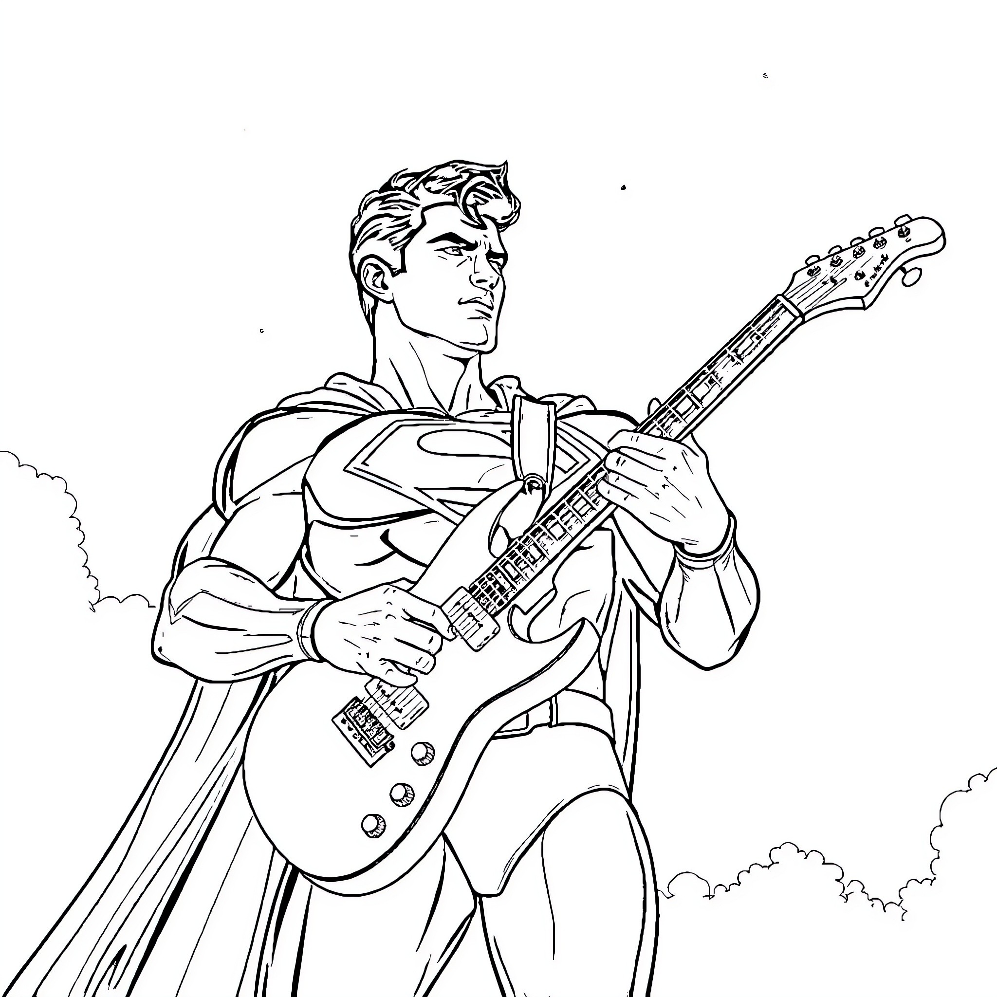 Superman playing electric guitar in the sky Coloring Page (free black-and-white line drawing printable PDF for all, from beginners to advanced learners, including children, teens, adults, and seniors)