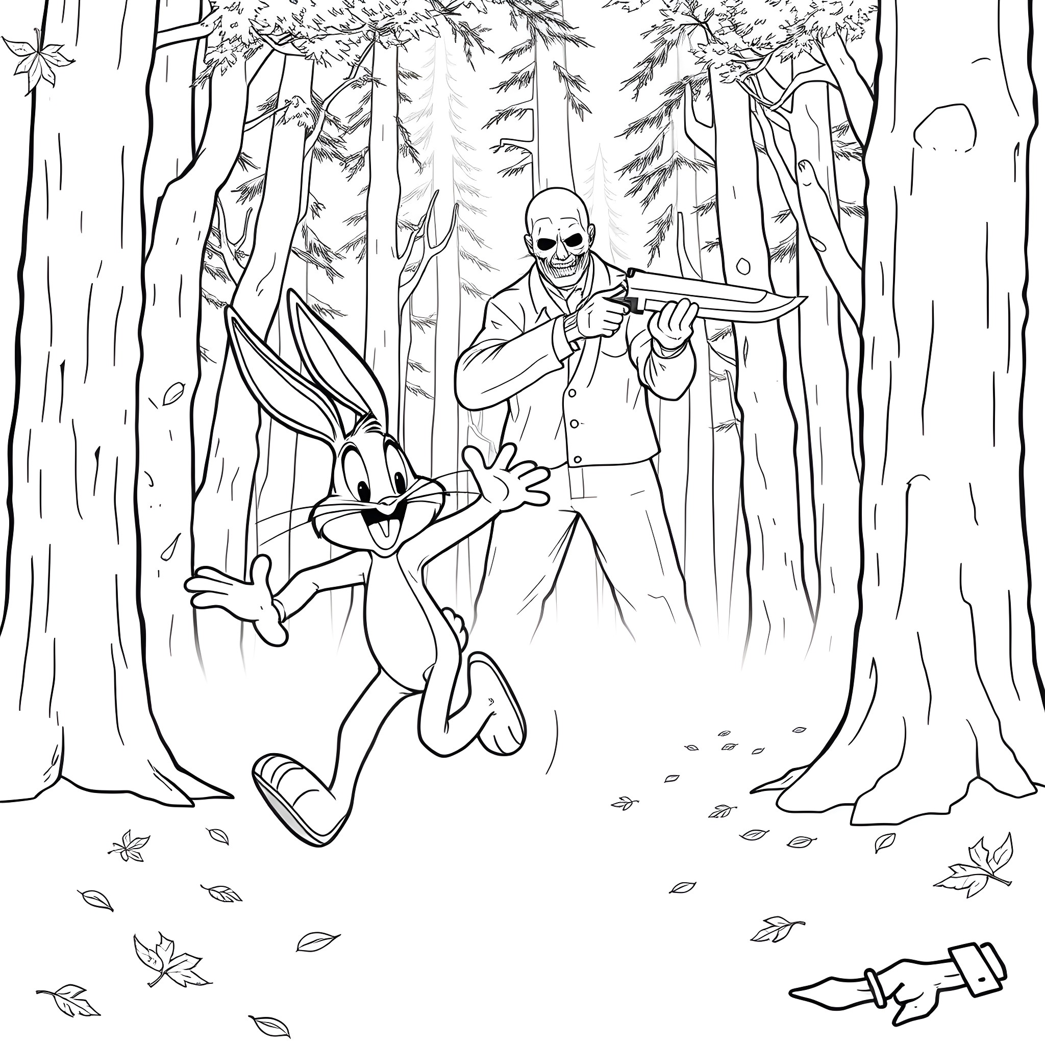 Bugs Bunny running from a threatening character in the forest Coloring Page (free black-and-white line drawing printable PDF for all, from beginners to advanced learners, including children, teens, adults, and seniors)