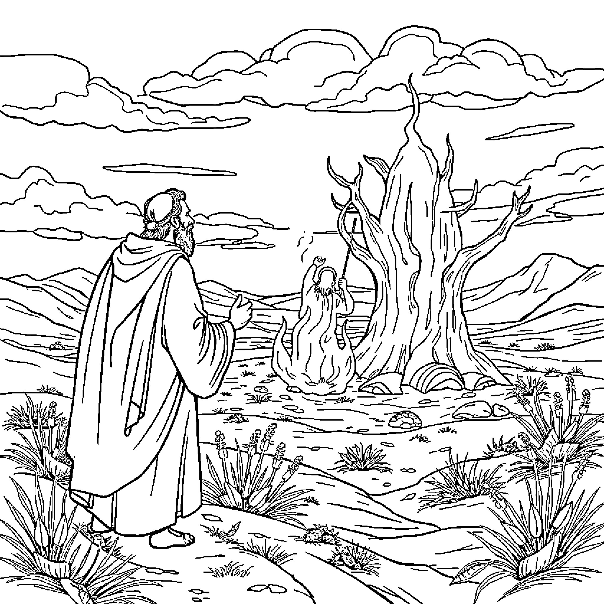 Moses Encountering the Burning Bush in the Desert Coloring Page (free black-and-white line drawing printable PDF for all, from beginners to advanced learners, including children, teens, adults, and seniors)