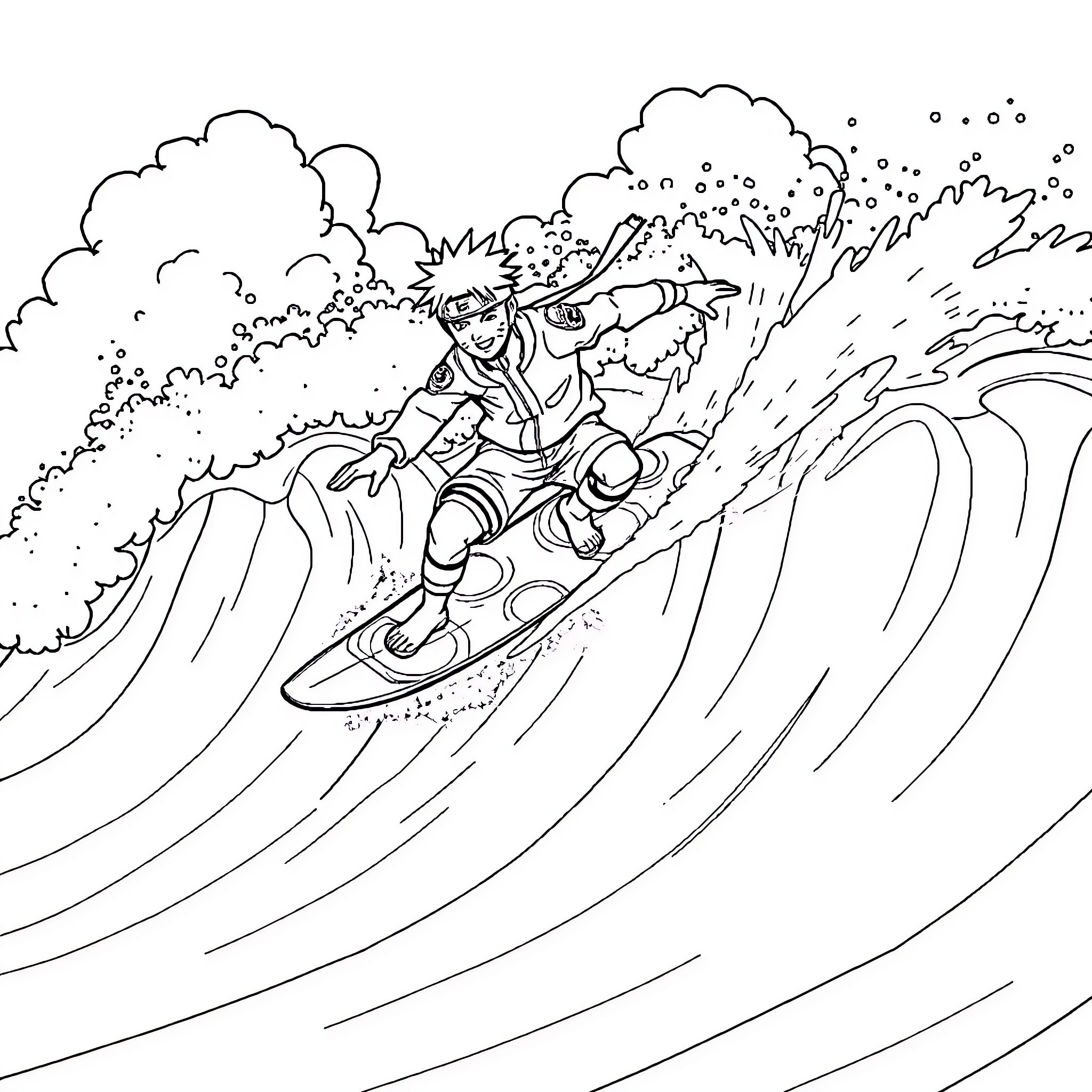 Naruto surfing through crashing waves Coloring Page (free black-and-white line drawing printable PDF for all, from beginners to advanced learners, including children, teens, adults, and seniors)