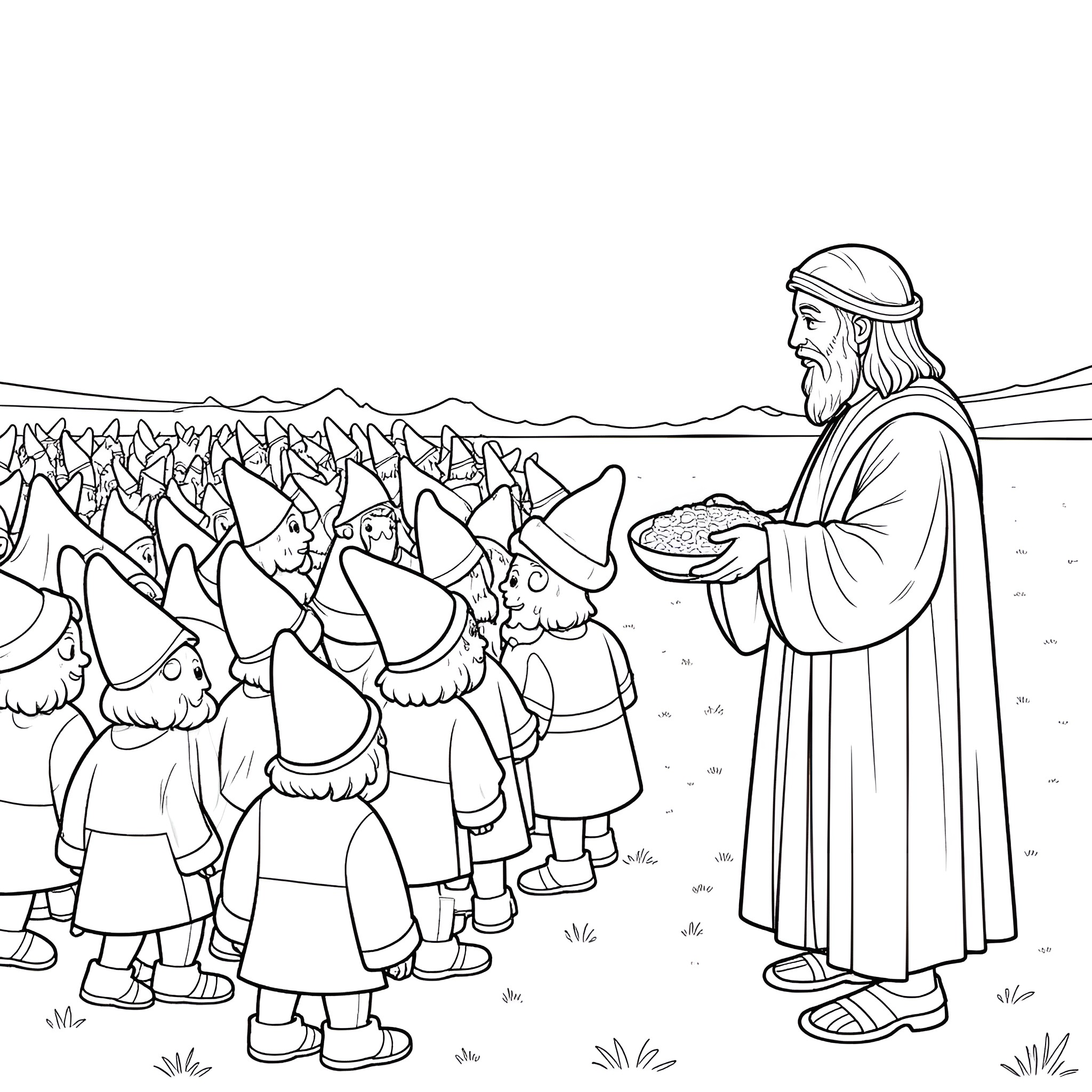 Gnome gathering surrounded by an orderly group Coloring Page (free black-and-white line drawing printable PDF for all, from beginners to advanced learners, including children, teens, adults, and seniors)