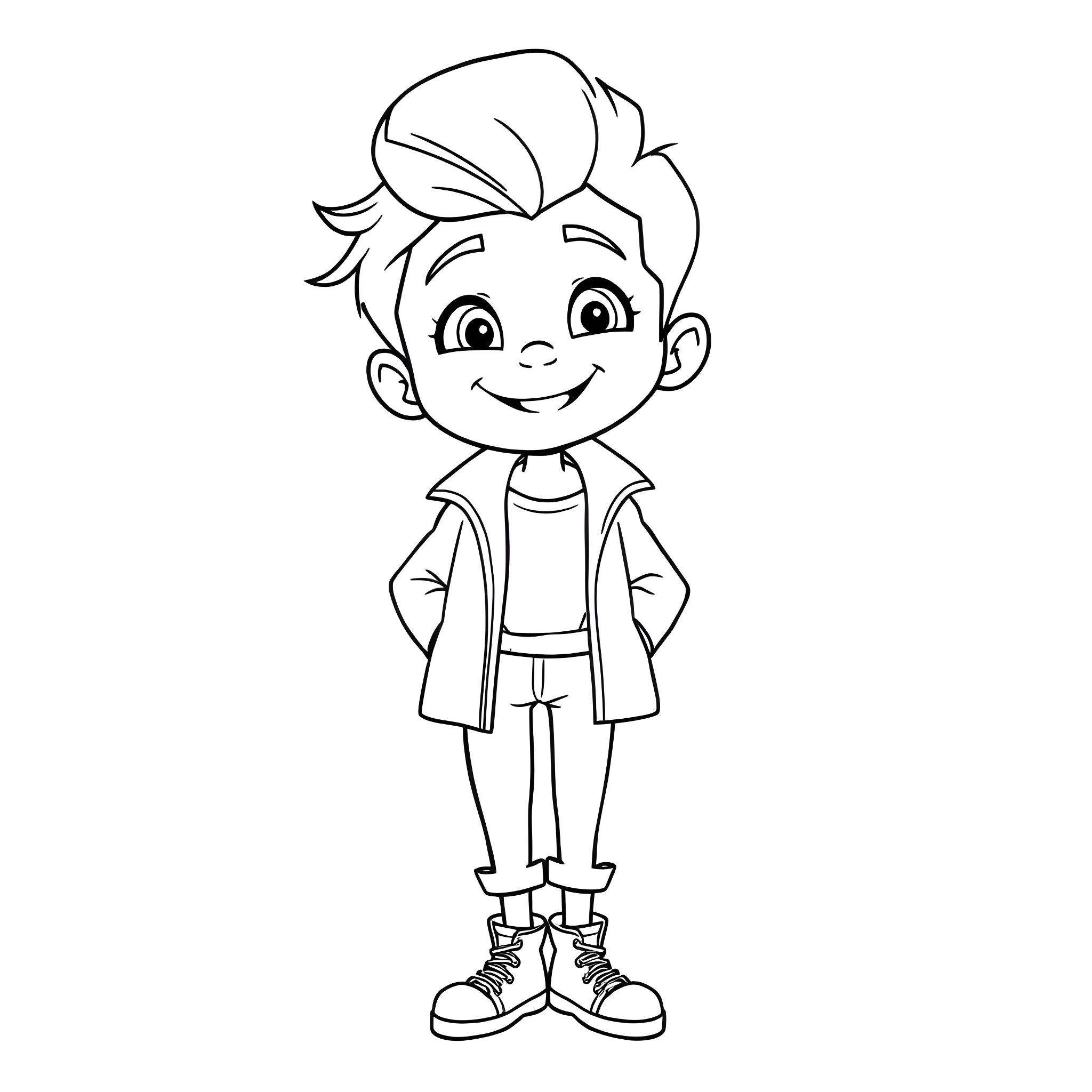 Bimbo Boy Happily Smiling in Casual Attire Coloring Page (free black-and-white line drawing printable PDF for all, from beginners to advanced learners, including children, teens, adults, and seniors)