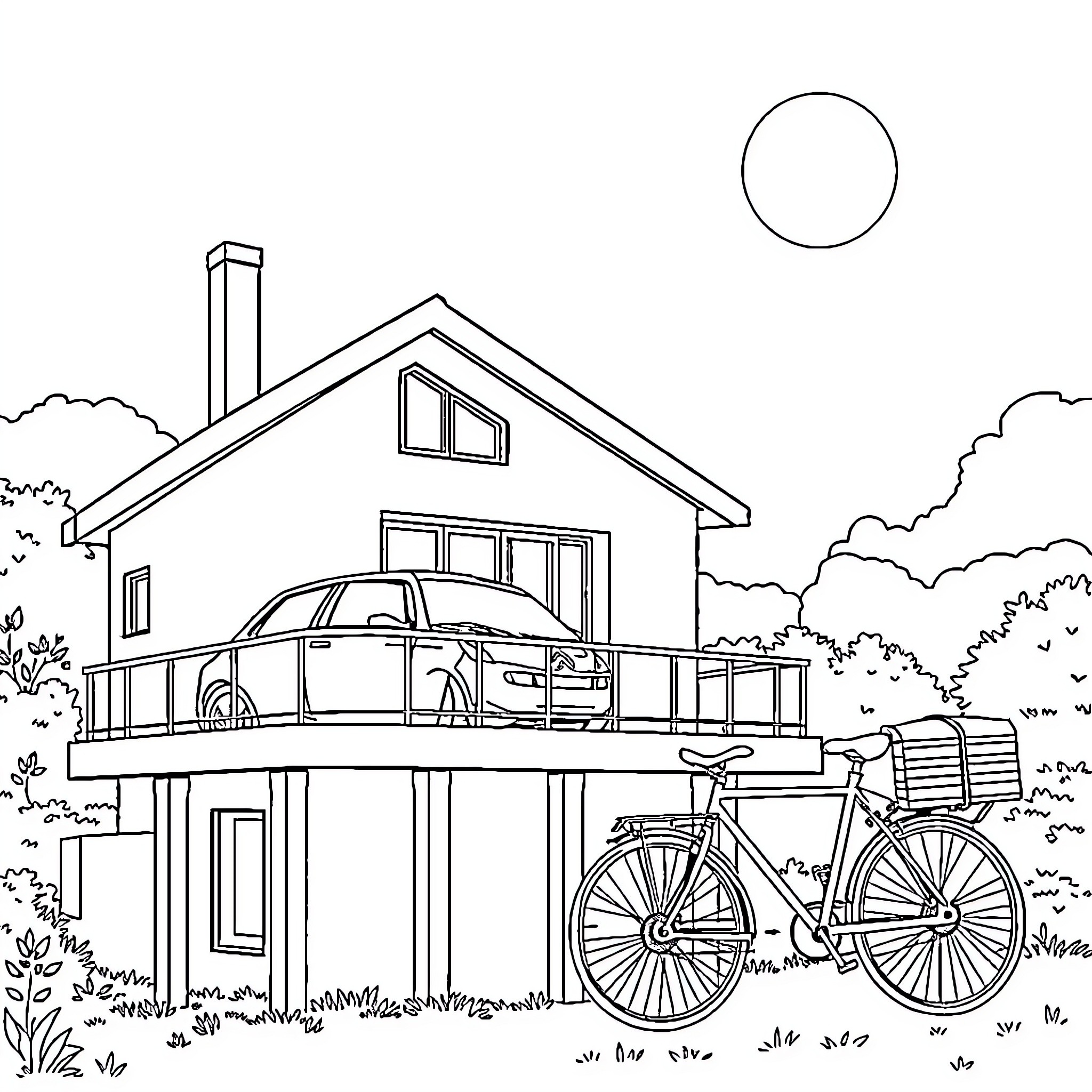 House with car and bicycle in the yard Coloring Page (free black-and-white line drawing printable PDF for all, from beginners to advanced learners, including children, teens, adults, and seniors)