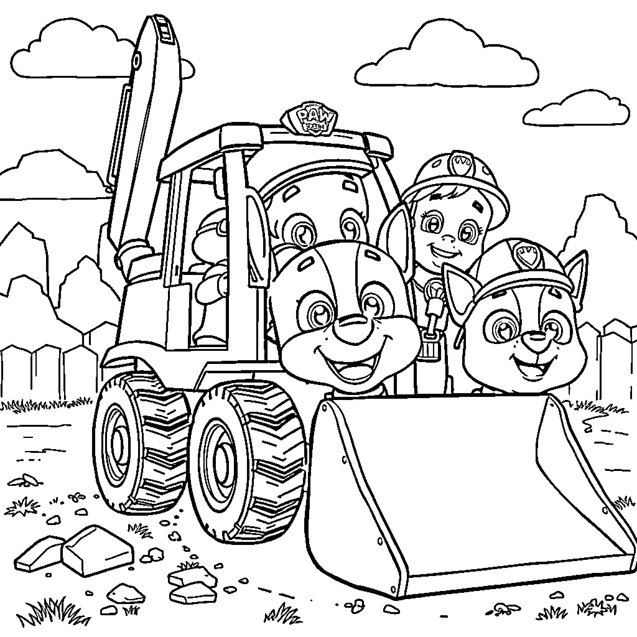 Builder Pups Operate Heavy Machinery on Construction Site Coloring Page (free black-and-white line drawing printable PDF for all, from beginners to advanced learners, including children, teens, adults, and seniors)
