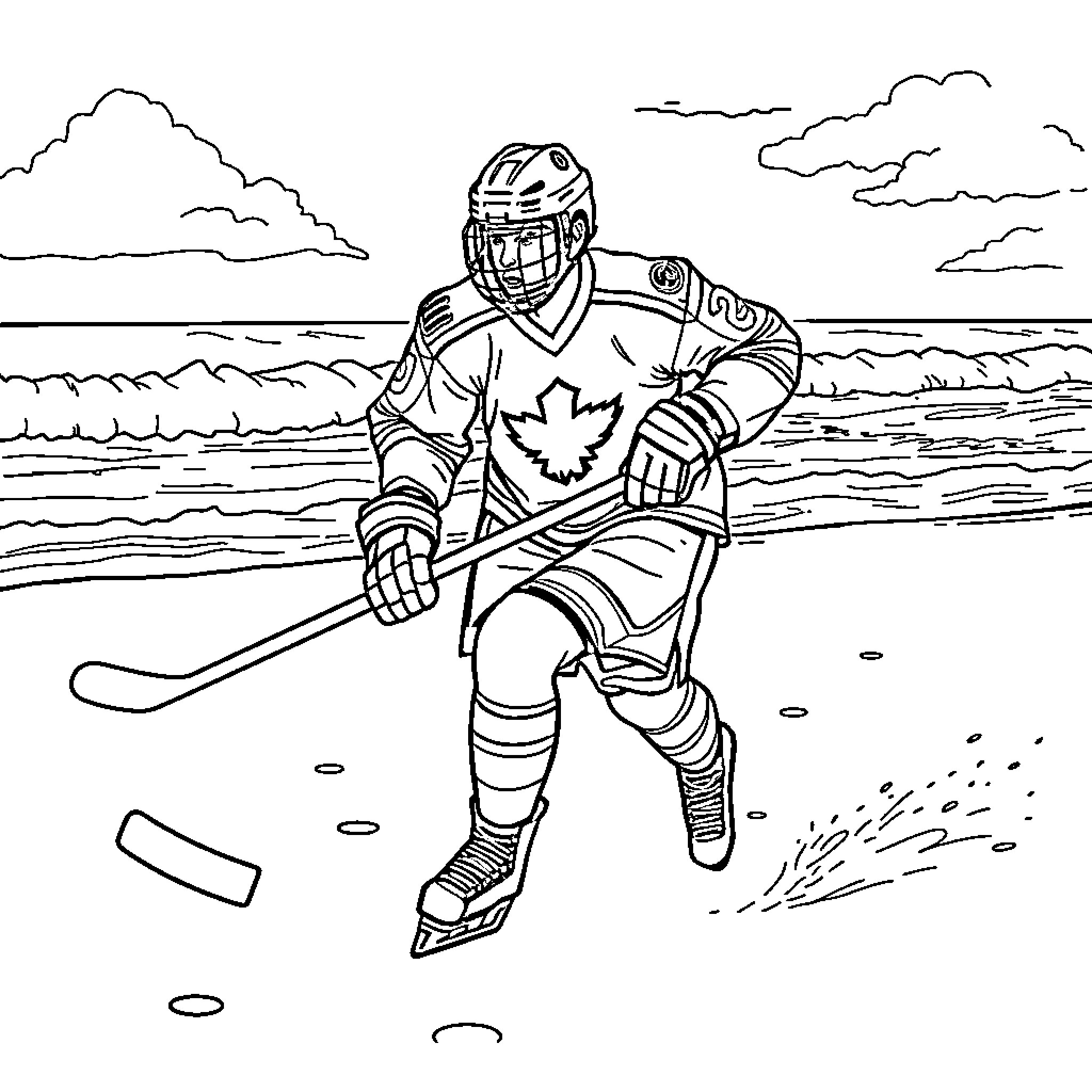 Hockey Player Skating on Frozen Pond Coloring Page (free black-and-white line drawing printable PDF for all, from beginners to advanced learners, including children, teens, adults, and seniors)