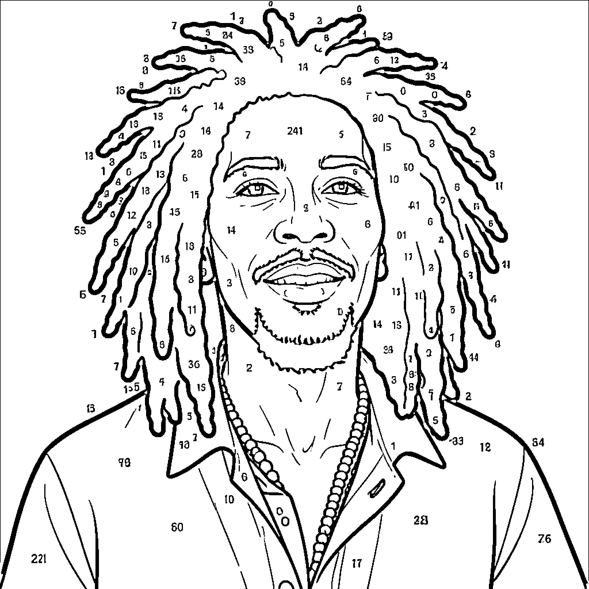 Bob Marley smiling with long dreadlocks and jewelry Coloring Page (free black-and-white line drawing printable PDF for all, from beginners to advanced learners, including children, teens, adults, and seniors)