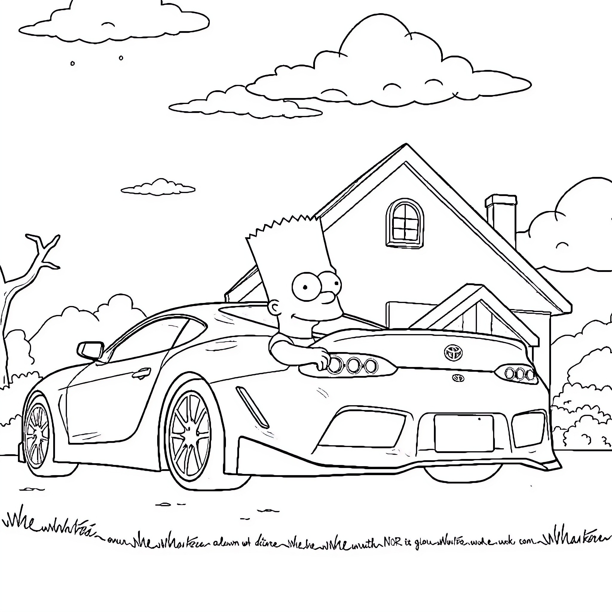 Bart Simpson Enjoying a Sleek Sports Car Coloring Page (free black-and-white line drawing printable PDF for all, from beginners to advanced learners, including children, teens, adults, and seniors)