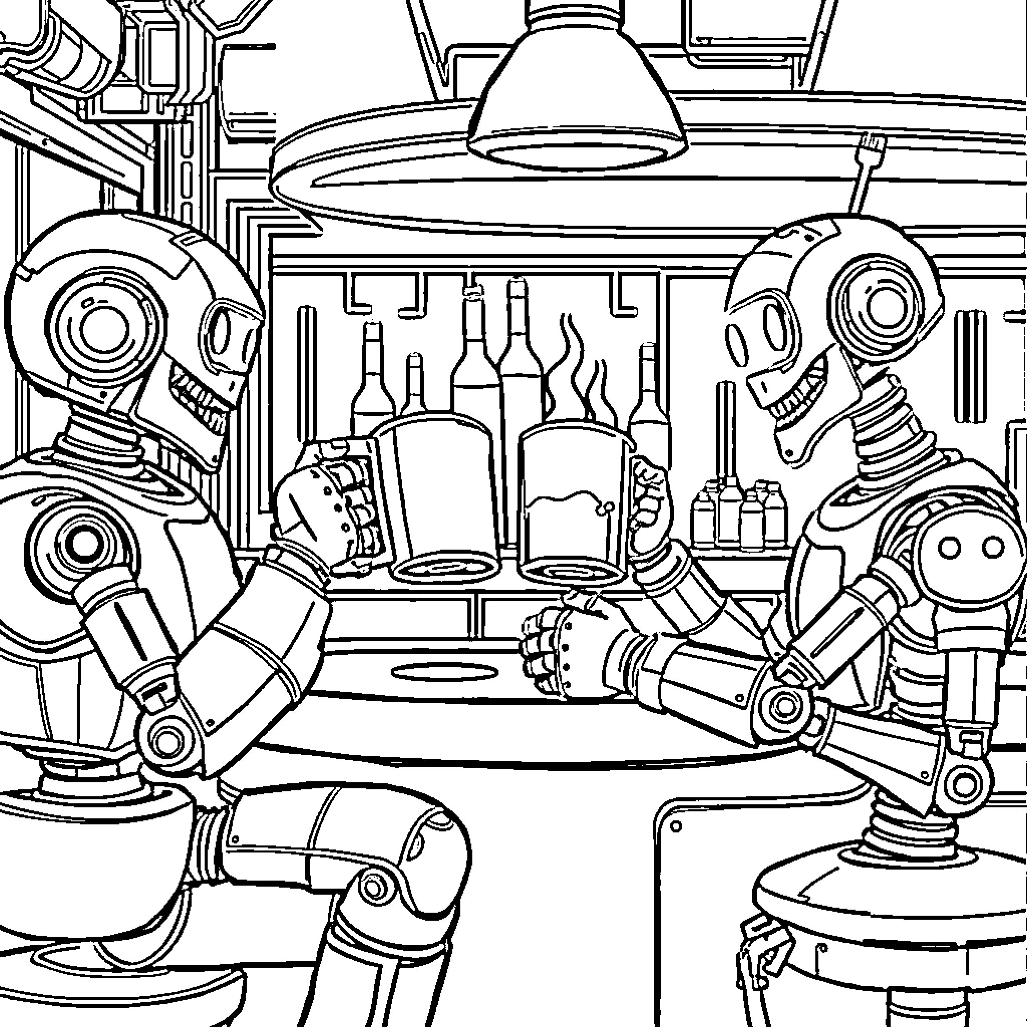 Robot Bartenders Mixing Drinks in a Futuristic Bar Coloring Page (free black-and-white line drawing printable PDF for all, from beginners to advanced learners, including children, teens, adults, and seniors)