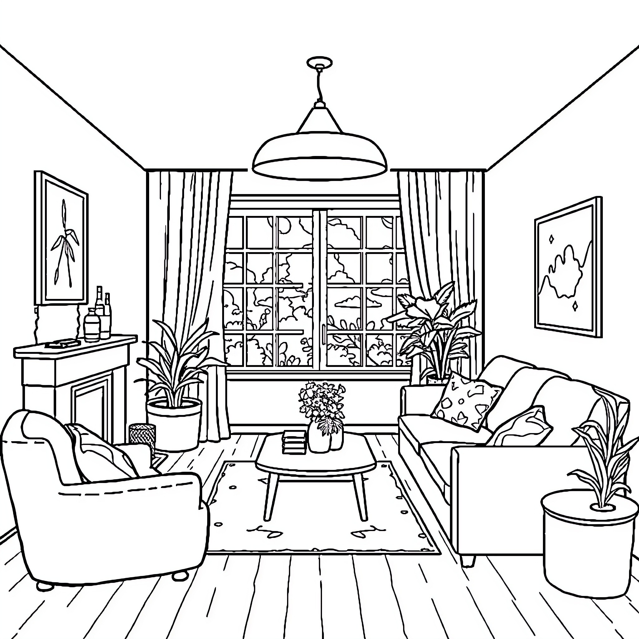Room with Cozy Furniture and Plants Coloring Page (free black-and-white line drawing printable PDF for all, from beginners to advanced learners, including children, teens, adults, and seniors)