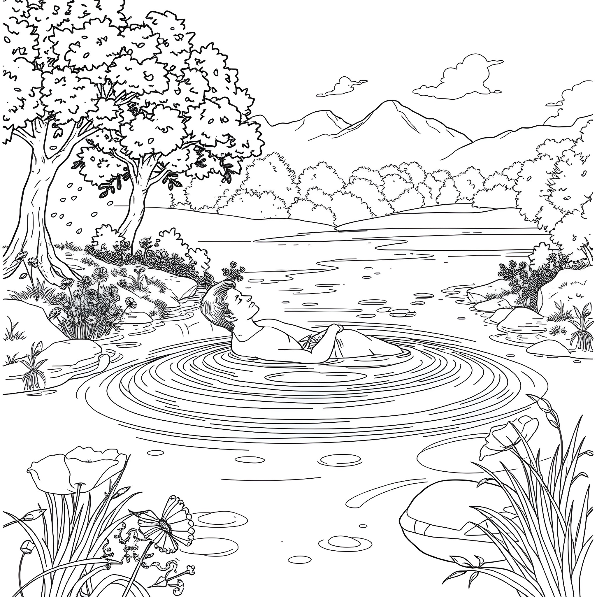 Prince Enjoying a Peaceful Lakeside Retreat Coloring Page (free black-and-white line drawing printable PDF for all, from beginners to advanced learners, including children, teens, adults, and seniors)