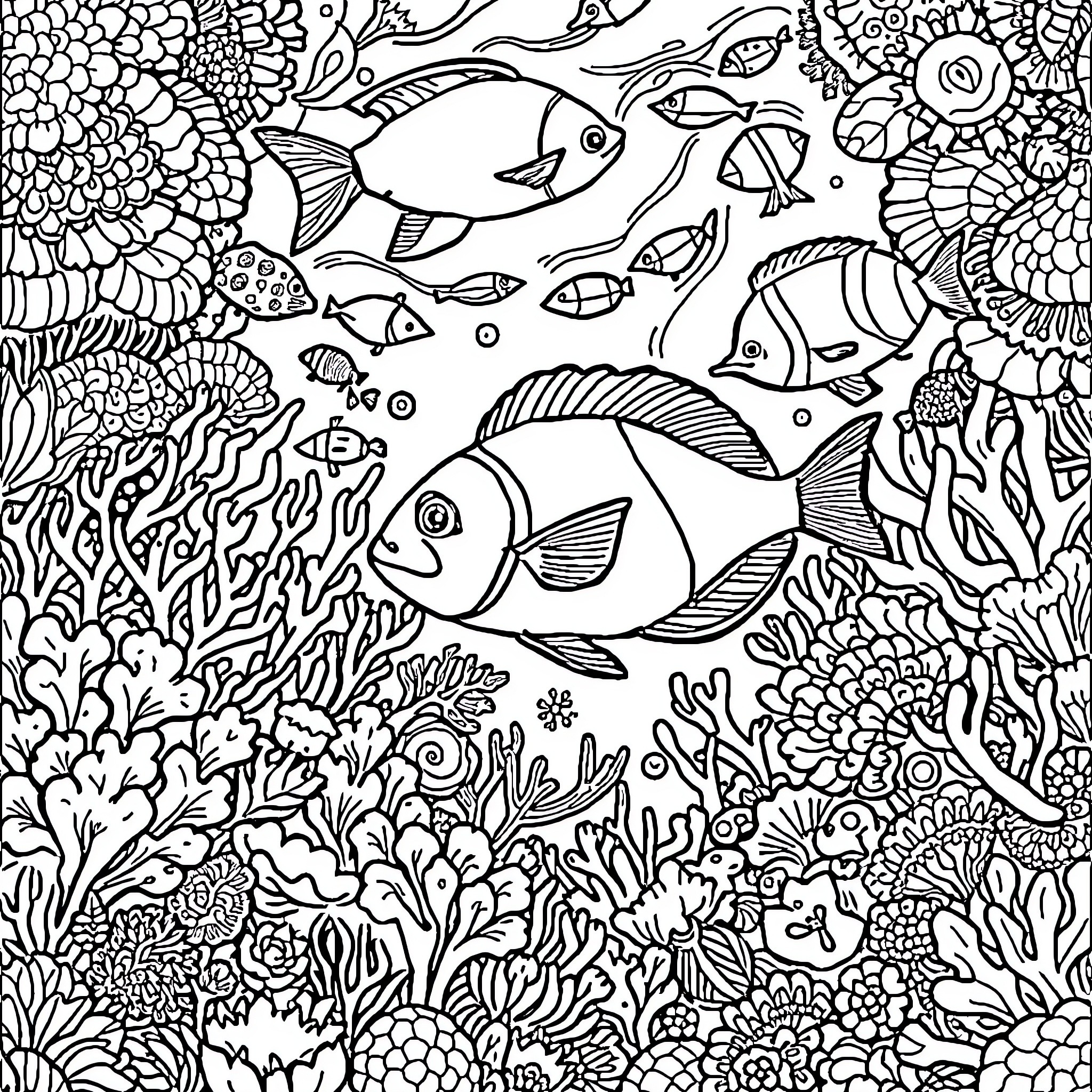 Sea of Vibrant Marine Life Coloring Page (free black-and-white line drawing printable PDF for all, from beginners to advanced learners, including children, teens, adults, and seniors)