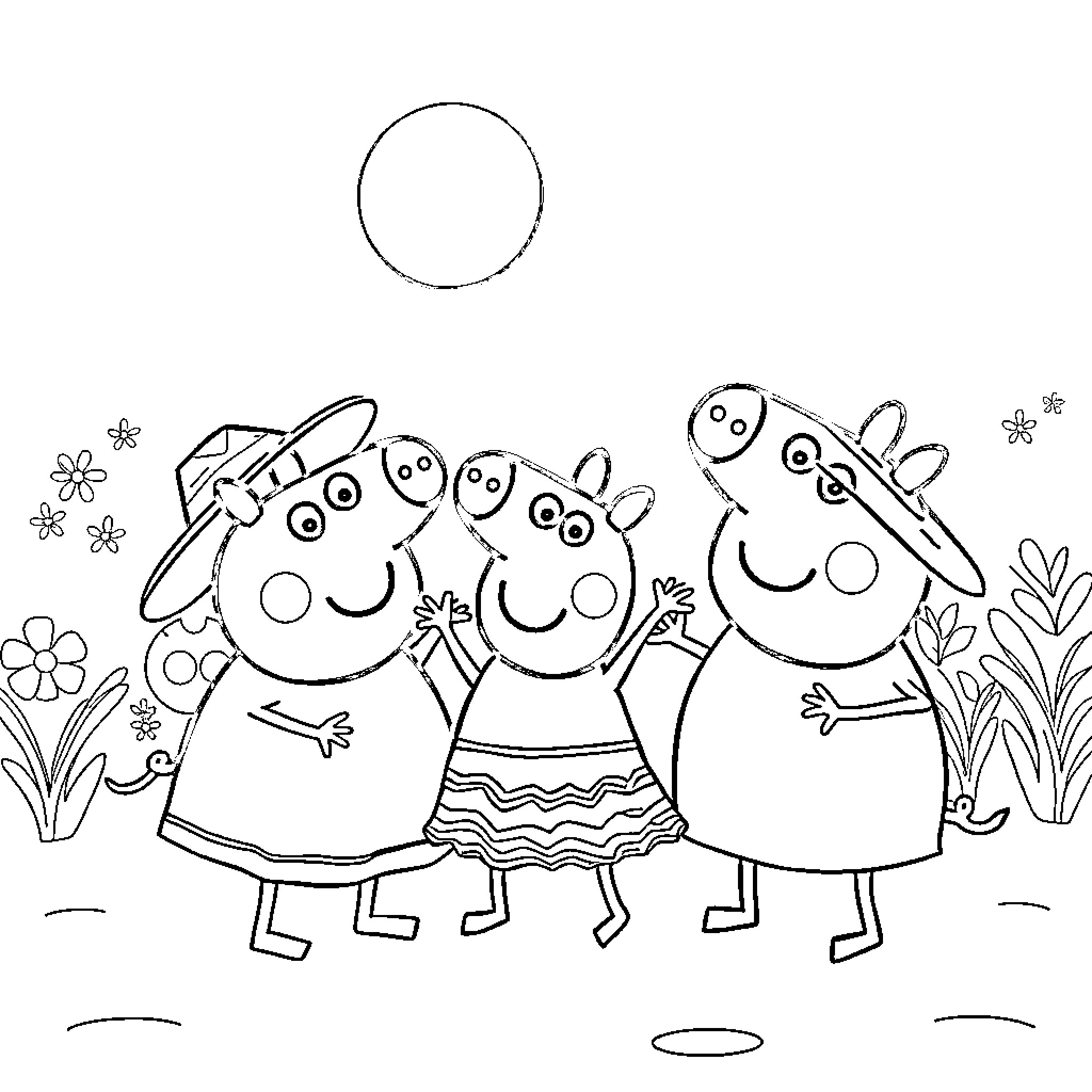 Peppa Pig family happily playing together outdoors Coloring Page (free black-and-white line drawing printable PDF for all, from beginners to advanced learners, including children, teens, adults, and seniors)