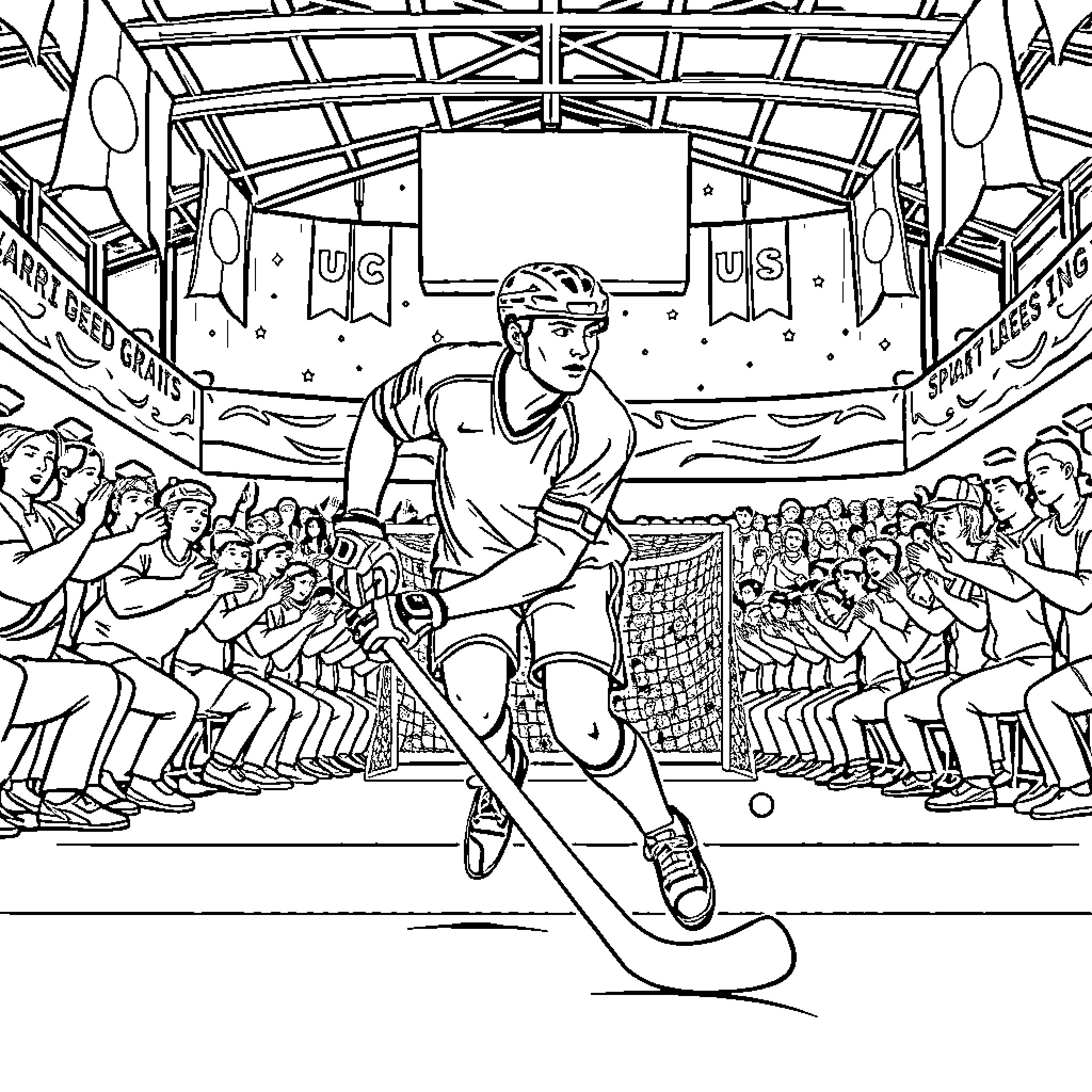 Unihockey Player Competing in a Packed Stadium Coloring Page (free black-and-white line drawing printable PDF for all, from beginners to advanced learners, including children, teens, adults, and seniors)