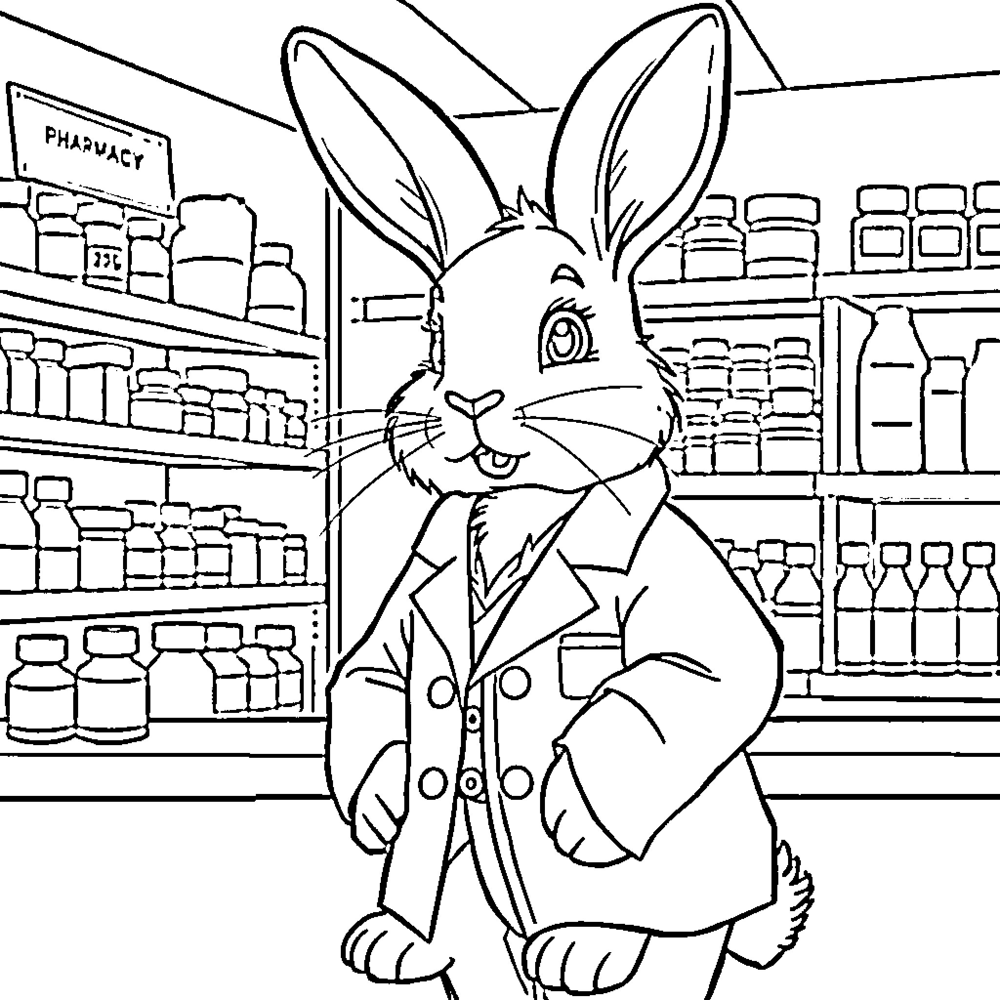 Bunny in a Pharmacy Store Coloring Page (free black-and-white line drawing printable PDF for all, from beginners to advanced learners, including children, teens, adults, and seniors)