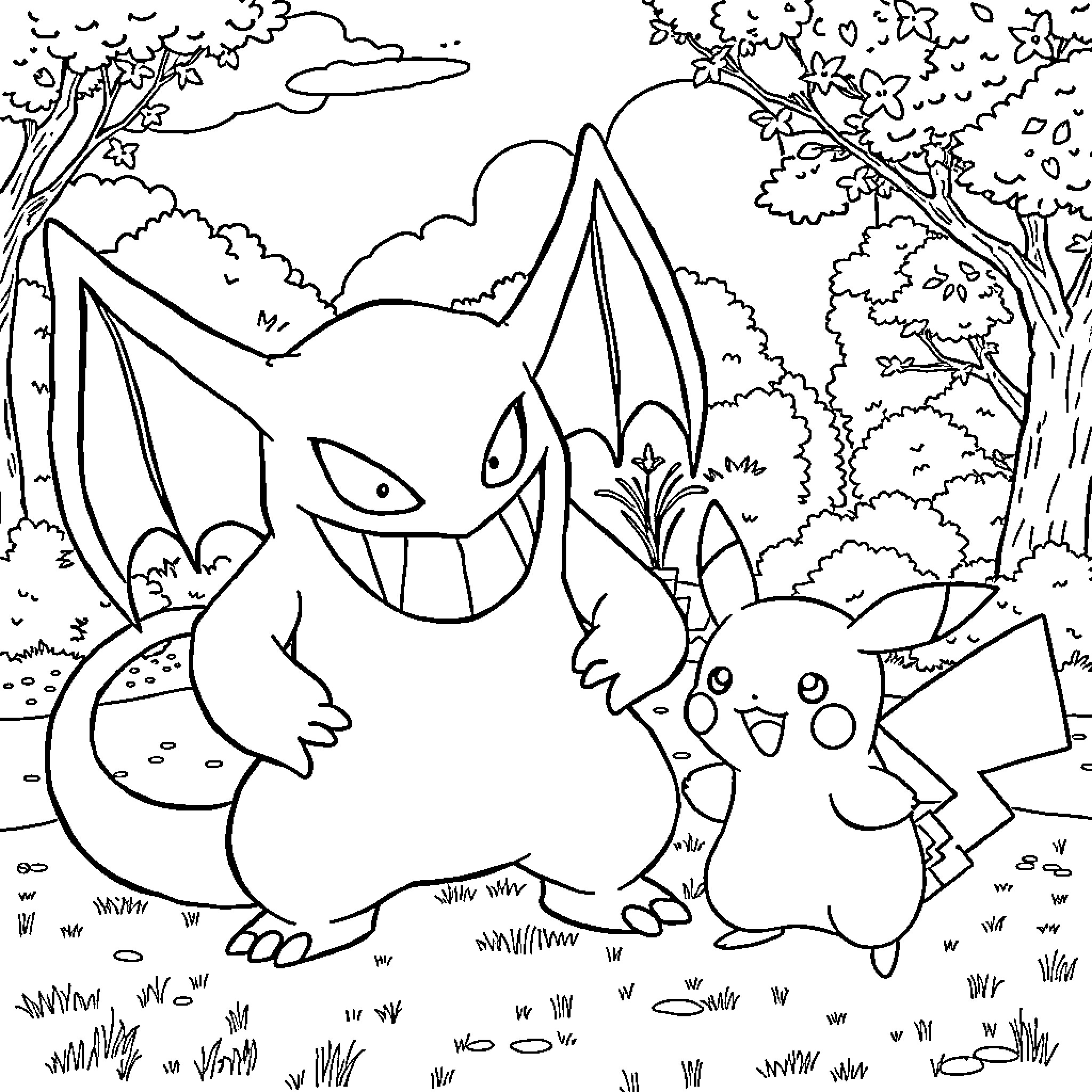 Gengar and Pikachu Playfully in the Forest Coloring Page (free black-and-white line drawing printable PDF for all, from beginners to advanced learners, including children, teens, adults, and seniors)