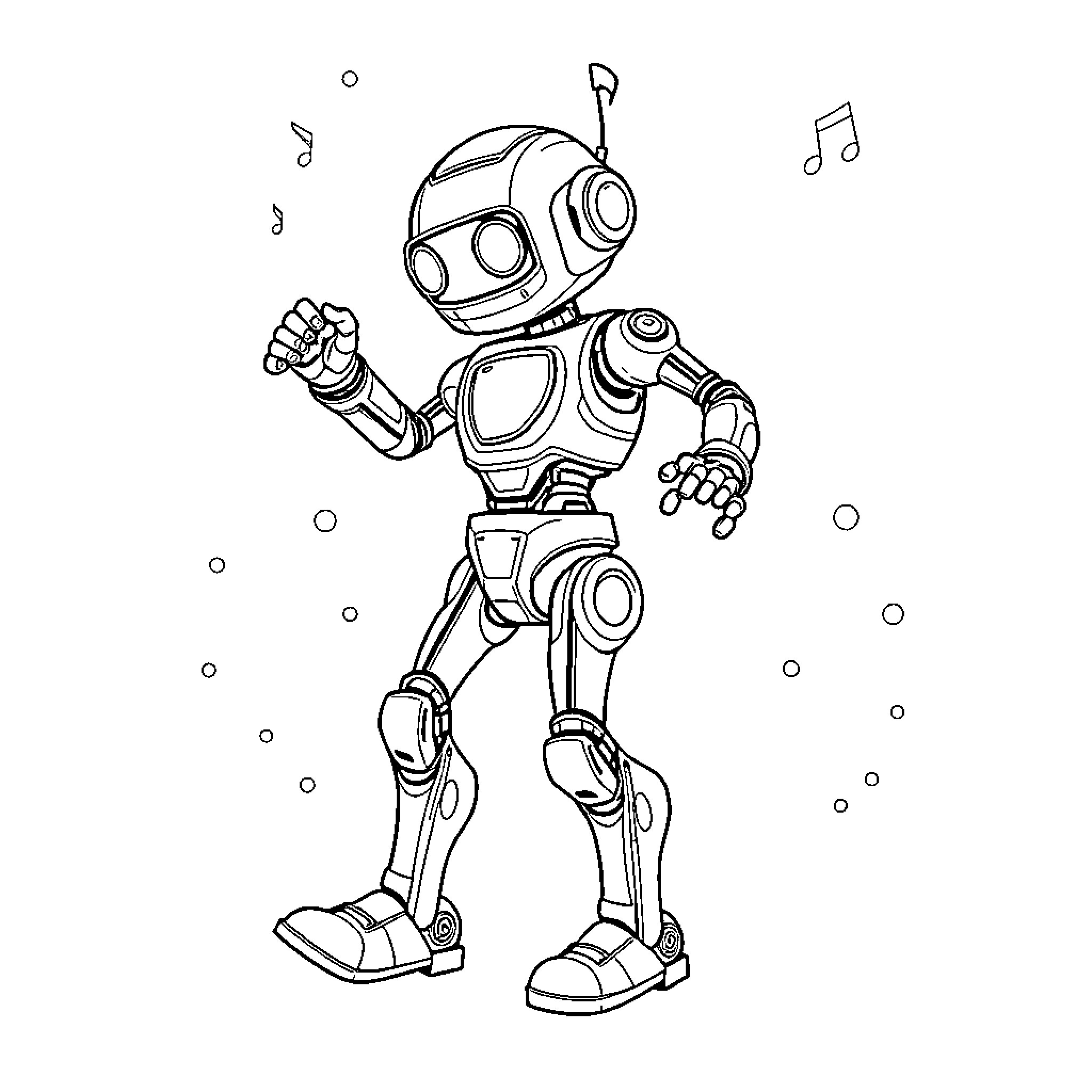 Robot dancing and enjoying music happily Coloring Page (free black-and-white line drawing printable PDF for all, from beginners to advanced learners, including children, teens, adults, and seniors)