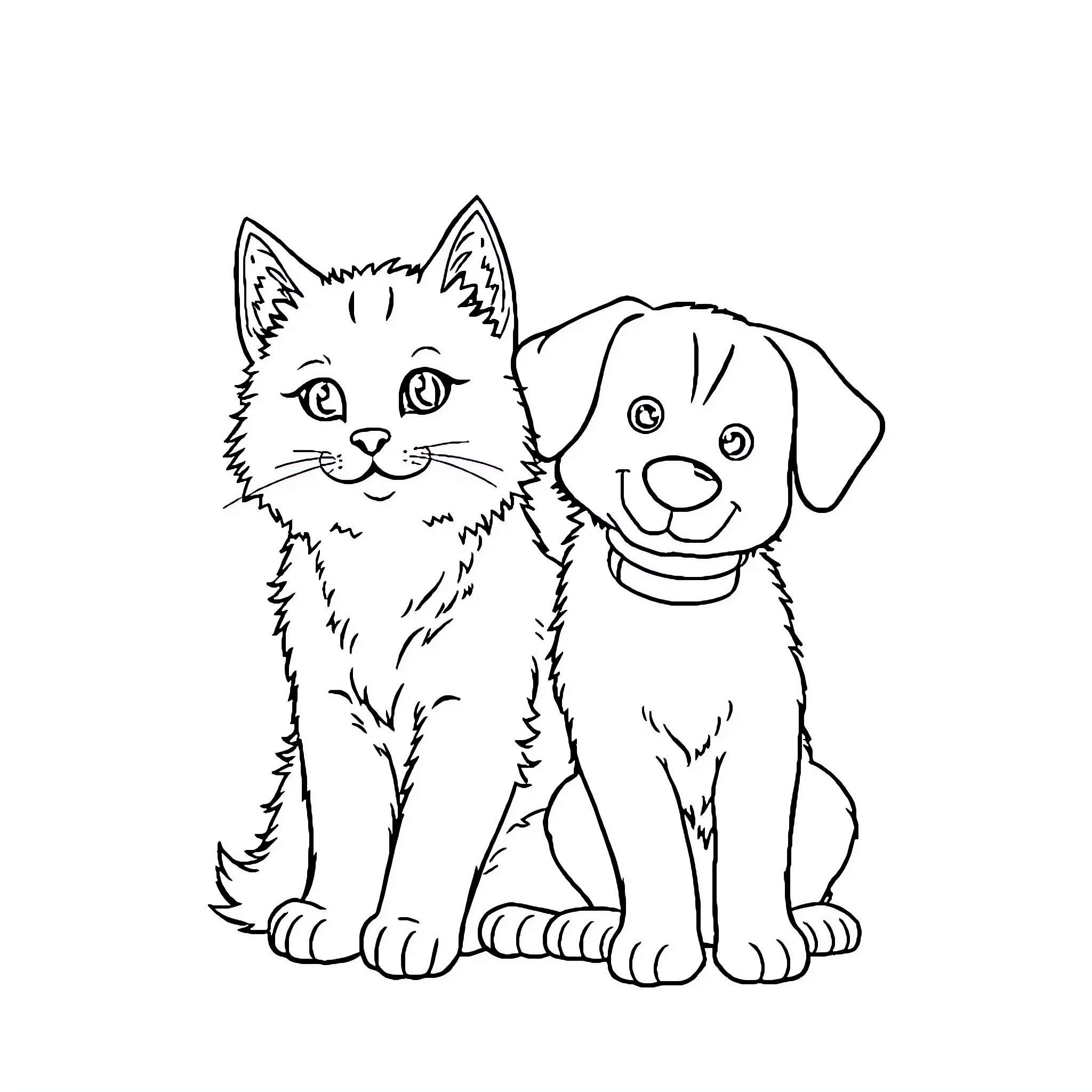 Cat and Dog sitting together Coloring Page (free black-and-white line drawing printable PDF for all, from beginners to advanced learners, including children, teens, adults, and seniors)
