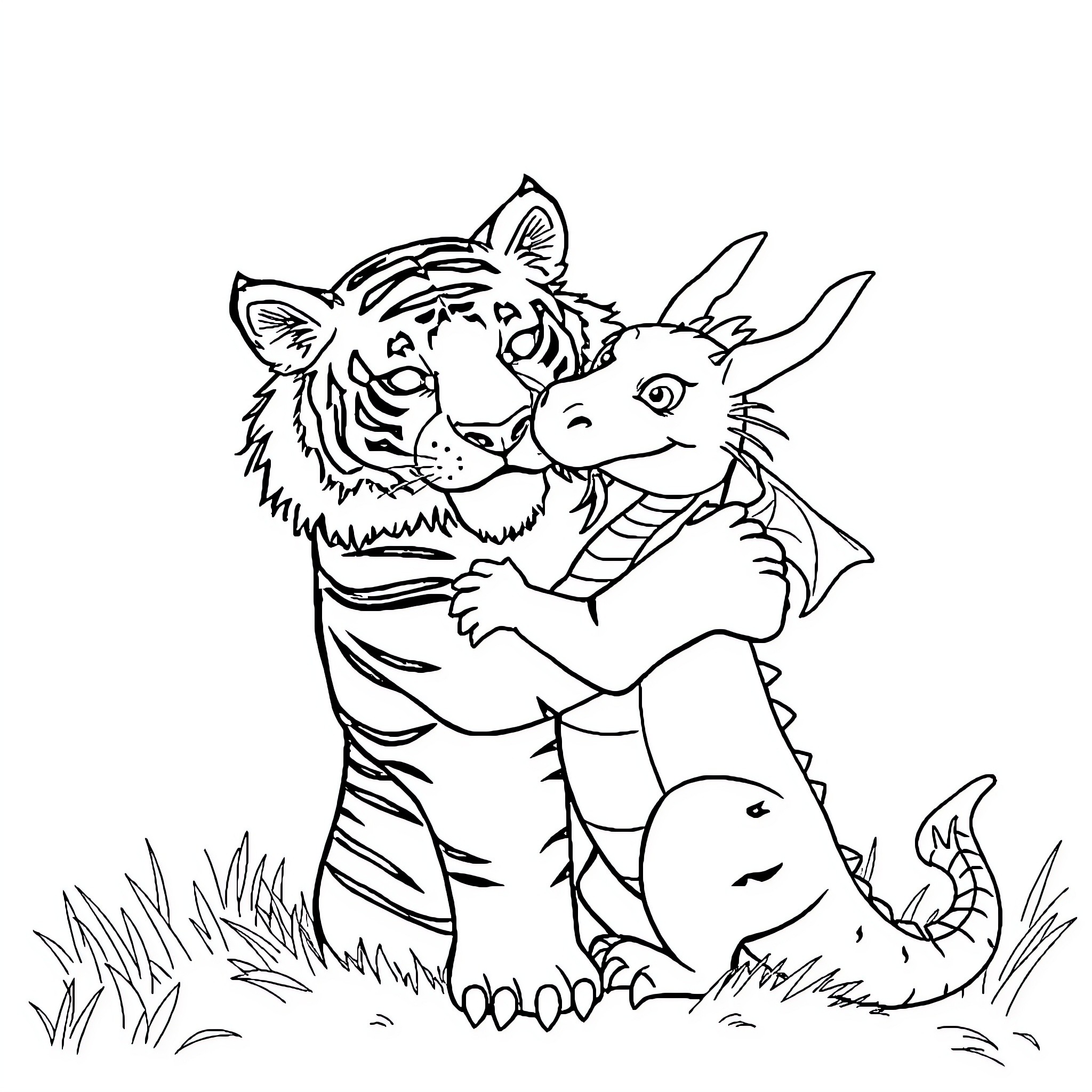 Tiger cuddling with mythical creature in nature Coloring Page (free black-and-white line drawing printable PDF for all, from beginners to advanced learners, including children, teens, adults, and seniors)