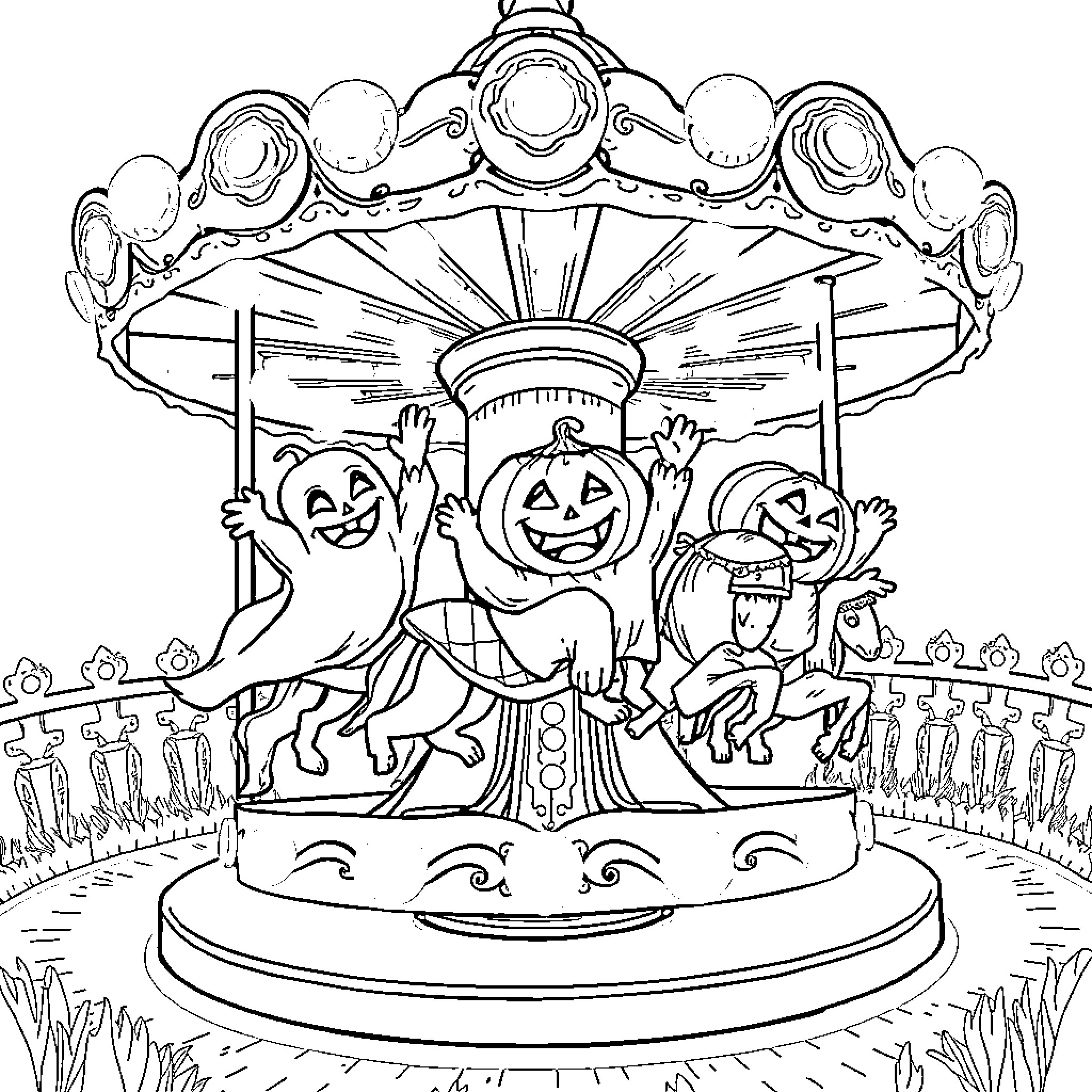 Pumpkin figures enjoy carousel ride on Halloween Coloring Page (free black-and-white line drawing printable PDF for all, from beginners to advanced learners, including children, teens, adults, and seniors)