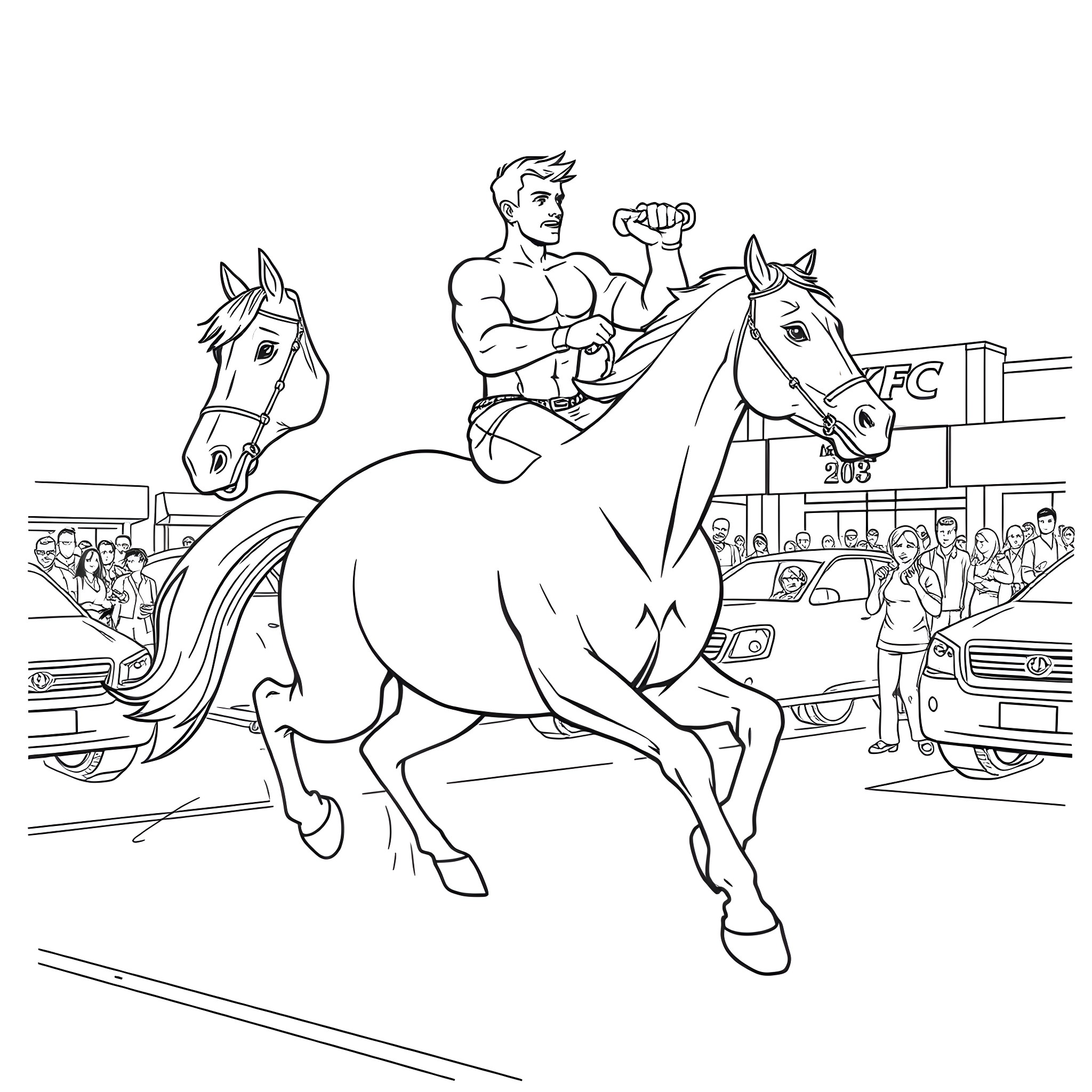 Horse rider in action at sports event Coloring Page (free black-and-white line drawing printable PDF for all, from beginners to advanced learners, including children, teens, adults, and seniors)