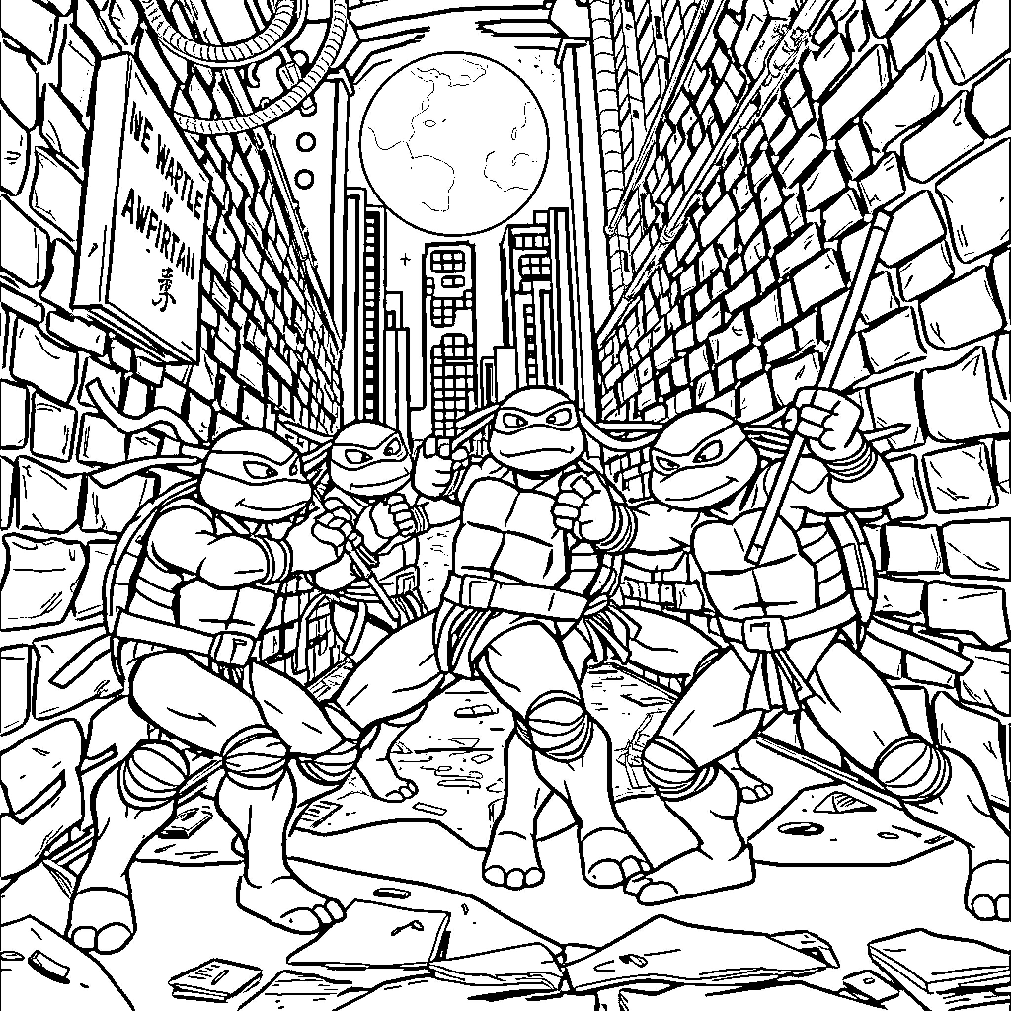 Teenage Mutant Ninja Turtles in Action-Packed Adventure Coloring Page (free black-and-white line drawing printable PDF for all, from beginners to advanced learners, including children, teens, adults, and seniors)
