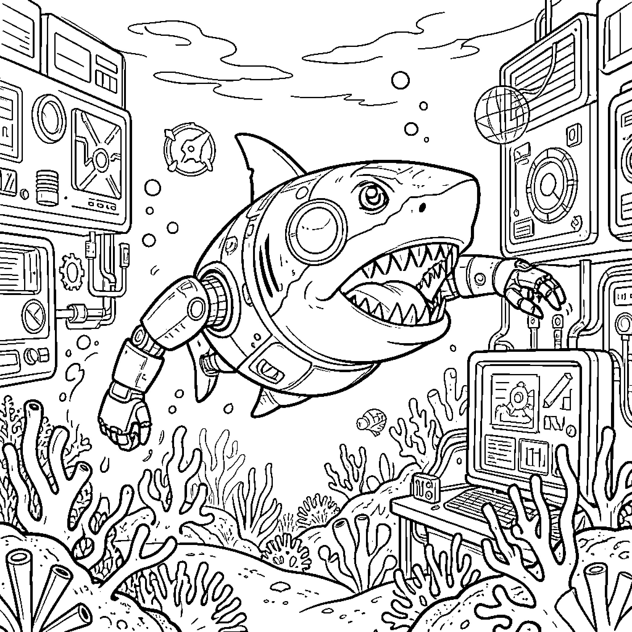 Robot shark swimming through a futuristic underwater environment Coloring Page (free black-and-white line drawing printable PDF for all, from beginners to advanced learners, including children, teens, adults, and seniors)