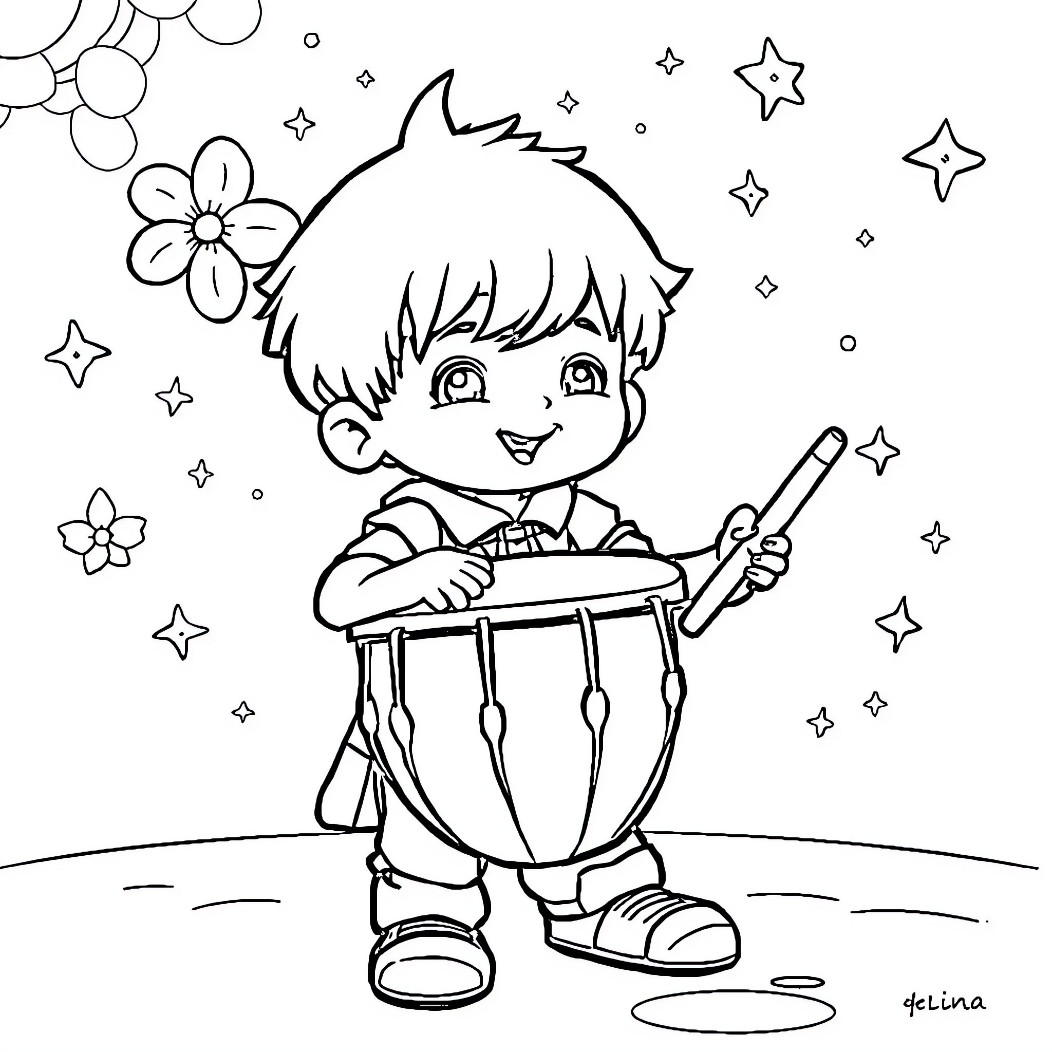 Drum play with joy and whimsy Coloring Page (free black-and-white line drawing printable PDF for all, from beginners to advanced learners, including children, teens, adults, and seniors)
