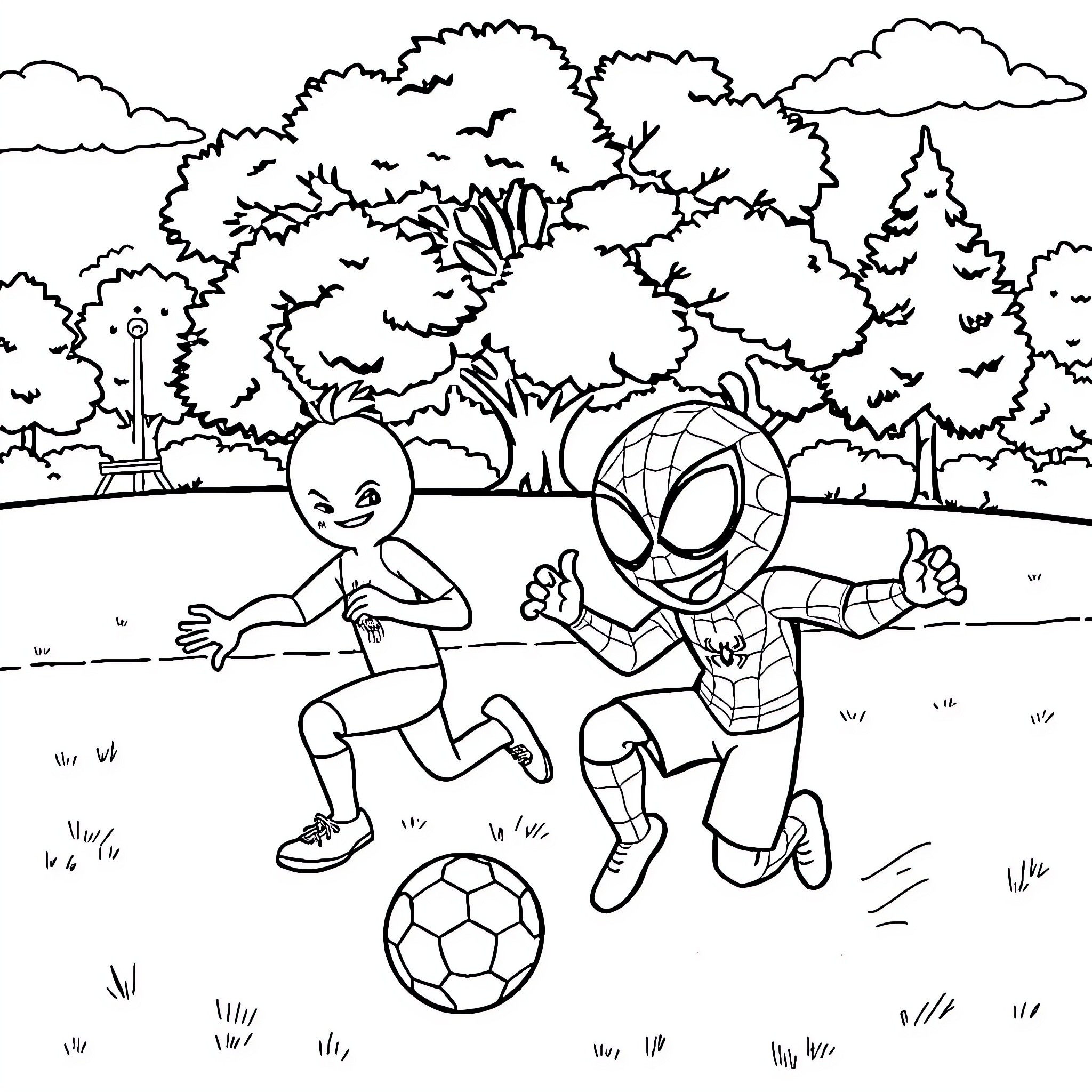 Bluey and Spider-Man playing soccer in the park Coloring Page (free black-and-white line drawing printable PDF for all, from beginners to advanced learners, including children, teens, adults, and seniors)