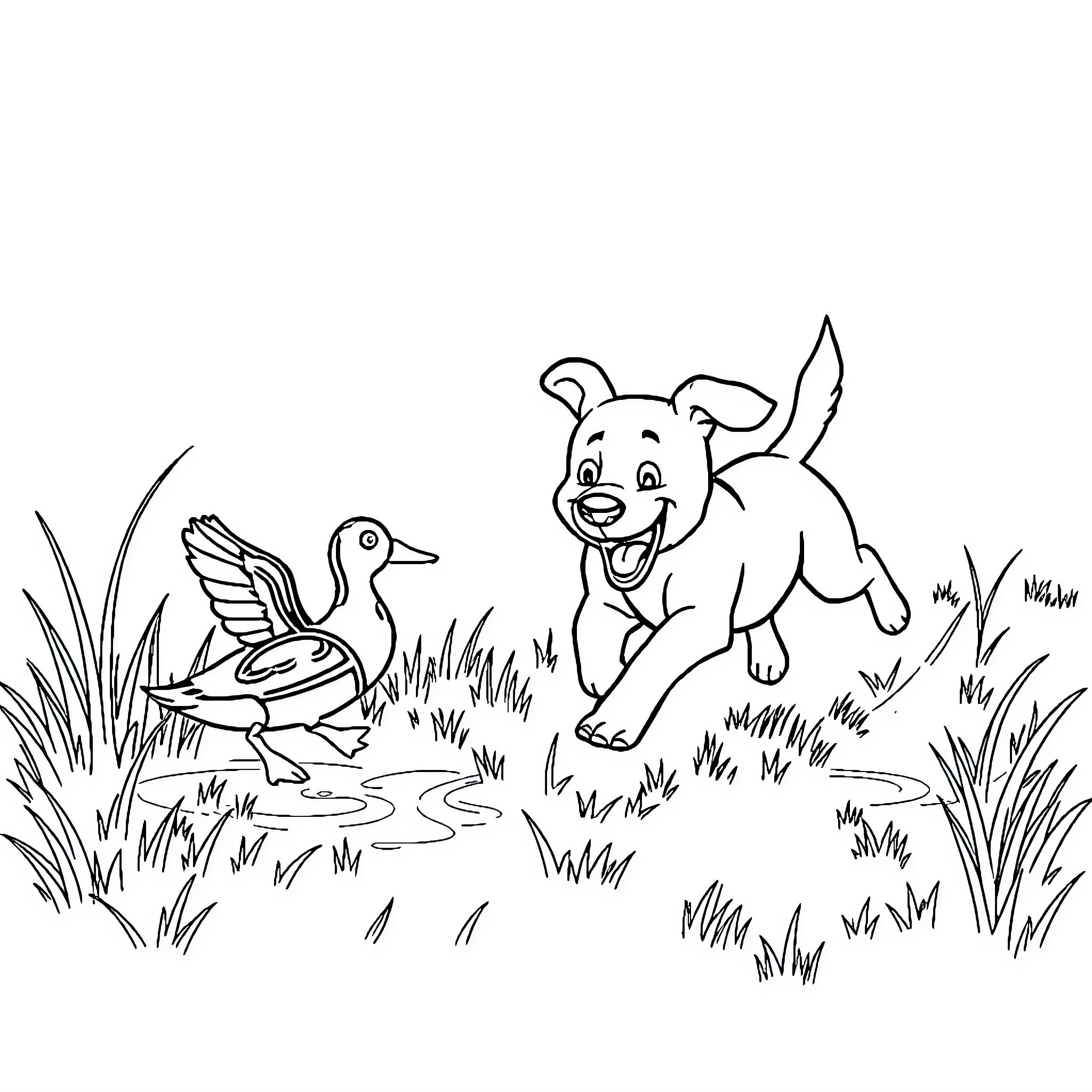 Dog chasing a duck in a grassy field Coloring Page (free black-and-white line drawing printable PDF for all, from beginners to advanced learners, including children, teens, adults, and seniors)