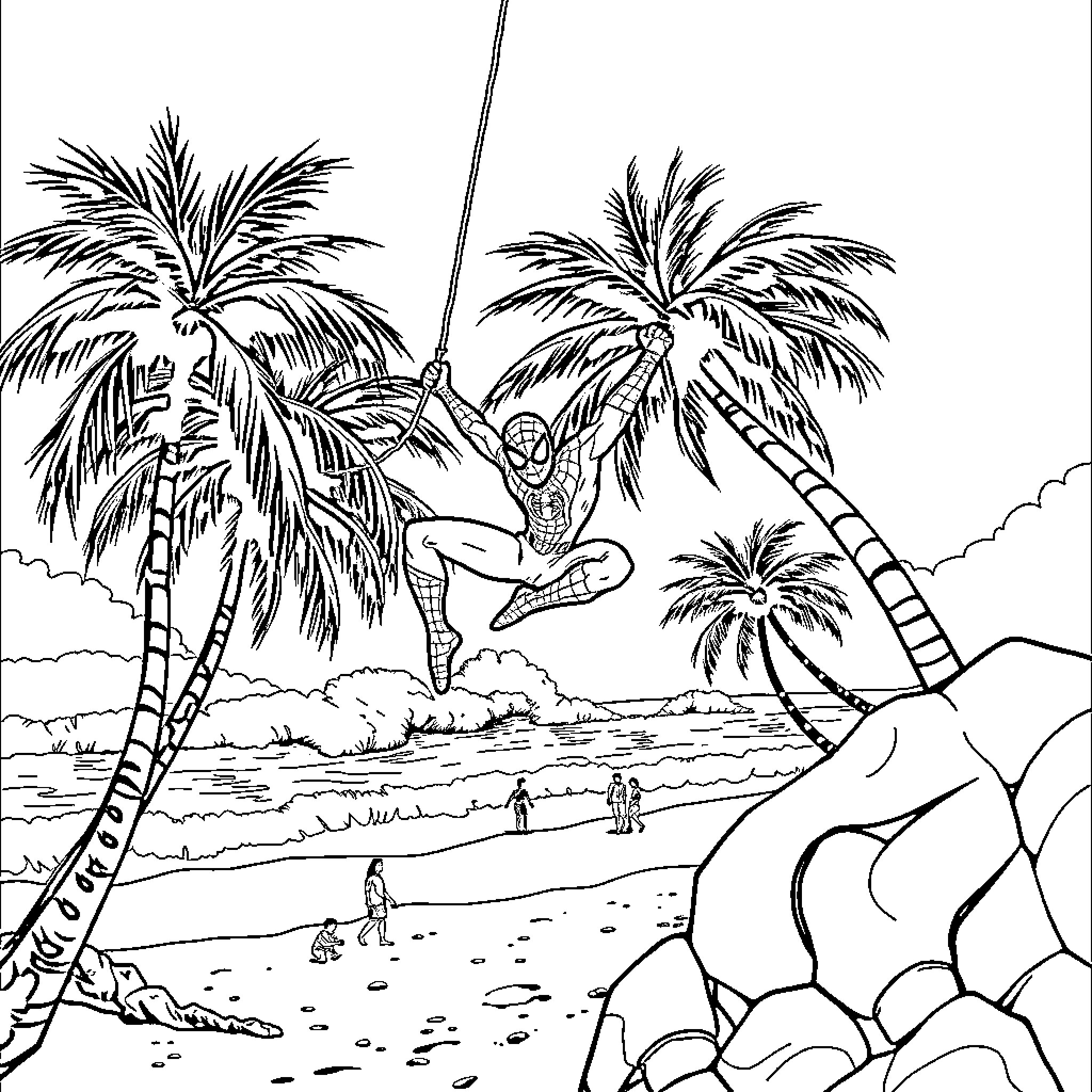 Spiderman swinging through tropical island scene Coloring Page (free black-and-white line drawing printable PDF for all, from beginners to advanced learners, including children, teens, adults, and seniors)