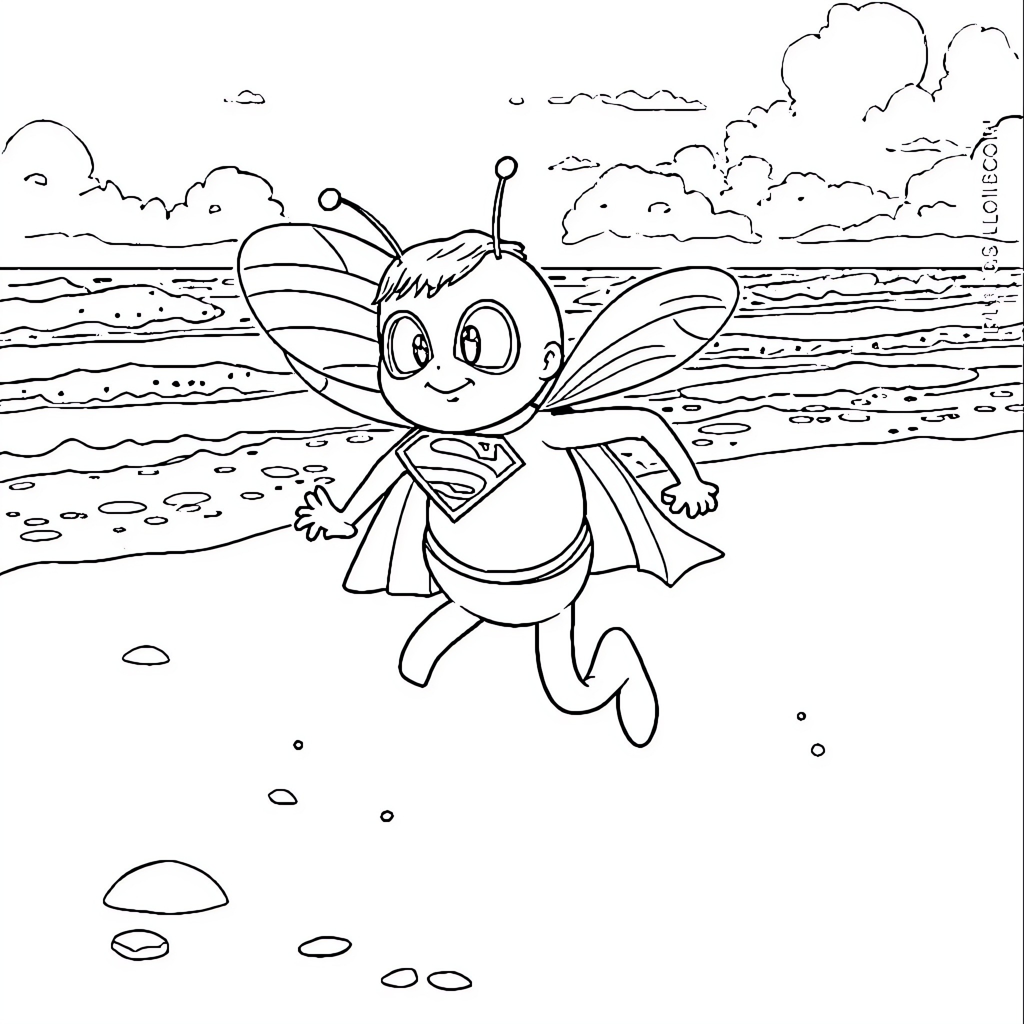 Bee flying happily on the beach Coloring Page (free black-and-white line drawing printable PDF for all, from beginners to advanced learners, including children, teens, adults, and seniors)