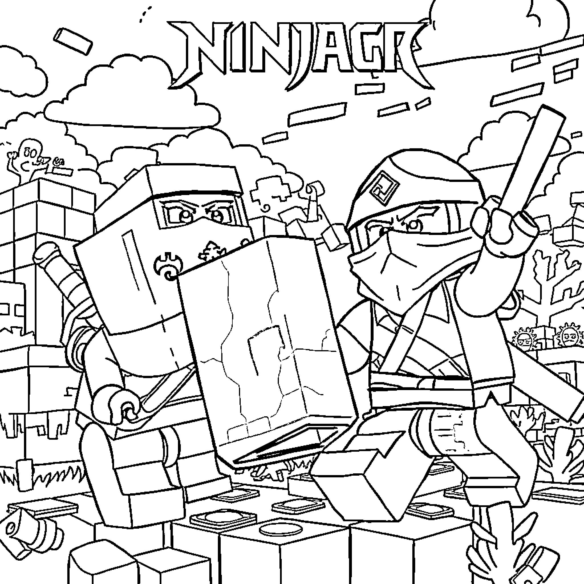 Ninjago characters in action-packed scene Coloring Page (free black-and-white line drawing printable PDF for all, from beginners to advanced learners, including children, teens, adults, and seniors)