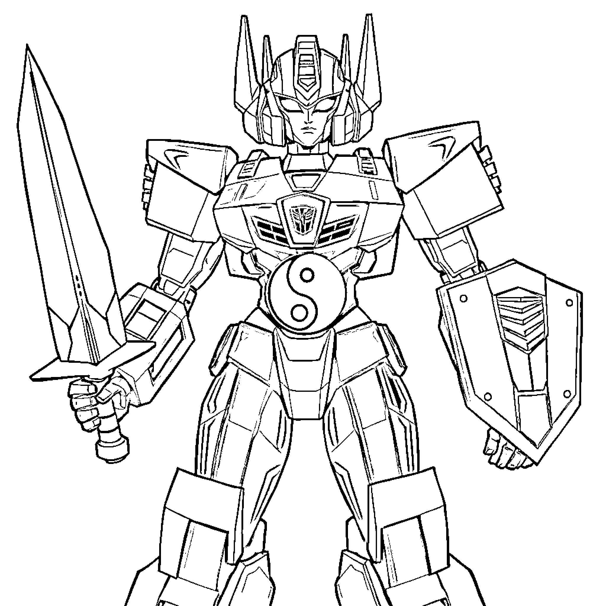 Transformer robot with weapons and armor Coloring Page (free black-and-white line drawing printable PDF for all, from beginners to advanced learners, including children, teens, adults, and seniors)