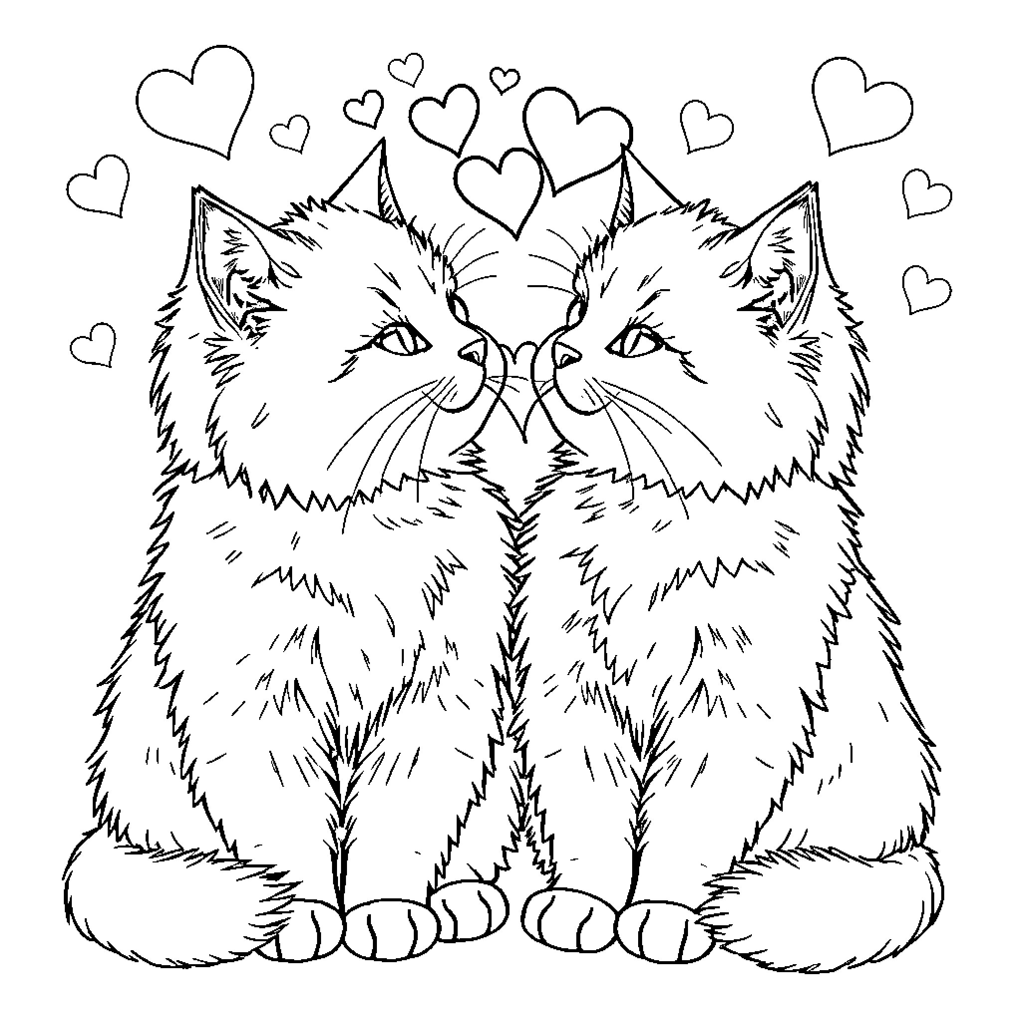 Cats expressing love with hearts Coloring Page (free black-and-white line drawing printable PDF for all, from beginners to advanced learners, including children, teens, adults, and seniors)