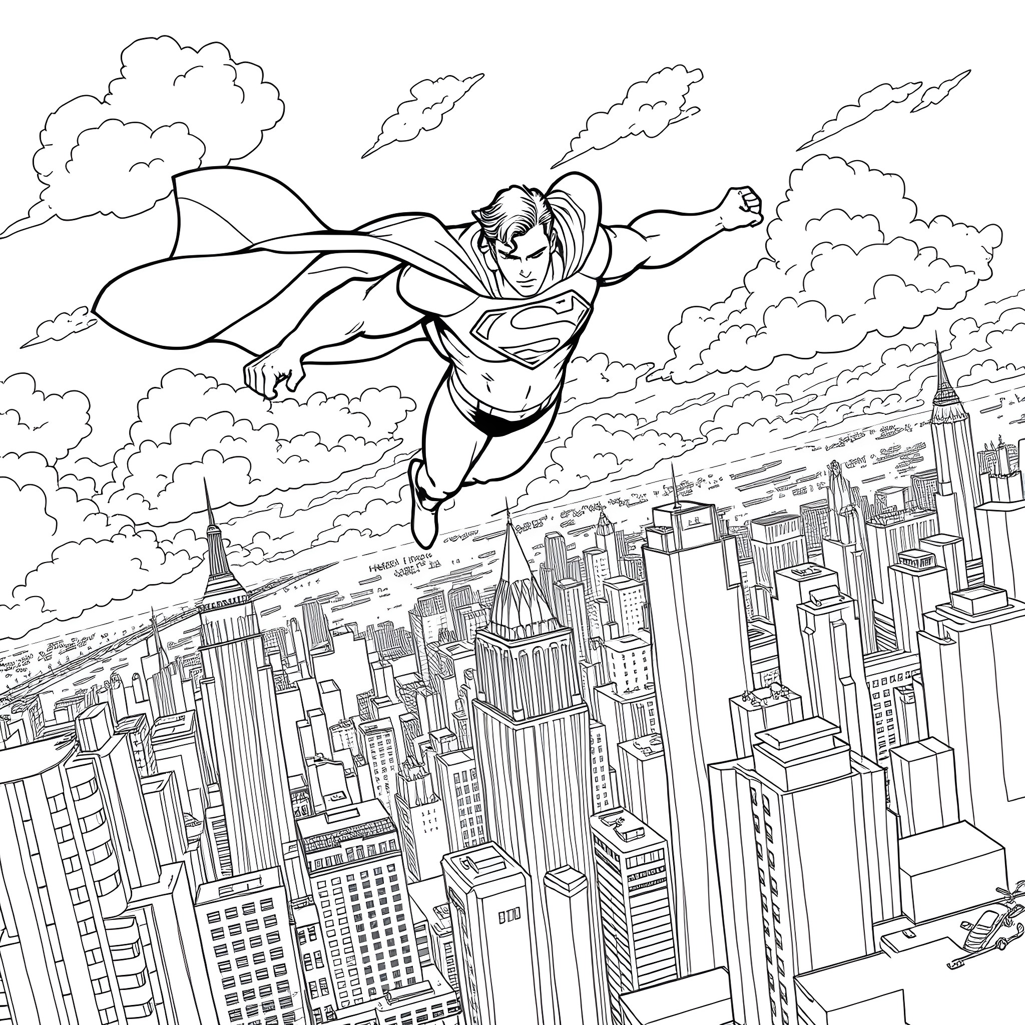 Superman soaring over the city skyline Coloring Page (free black-and-white line drawing printable PDF for all, from beginners to advanced learners, including children, teens, adults, and seniors)