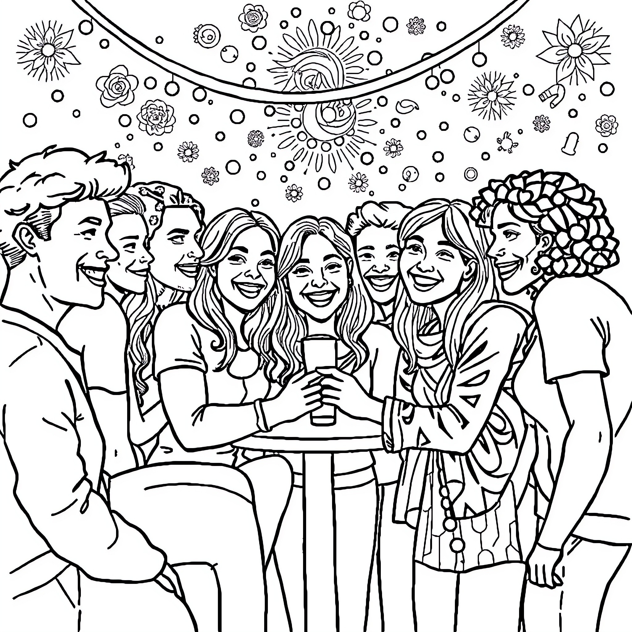 Unity in Community Celebration Coloring Page (free black-and-white line drawing printable PDF for all, from beginners to advanced learners, including children, teens, adults, and seniors)
