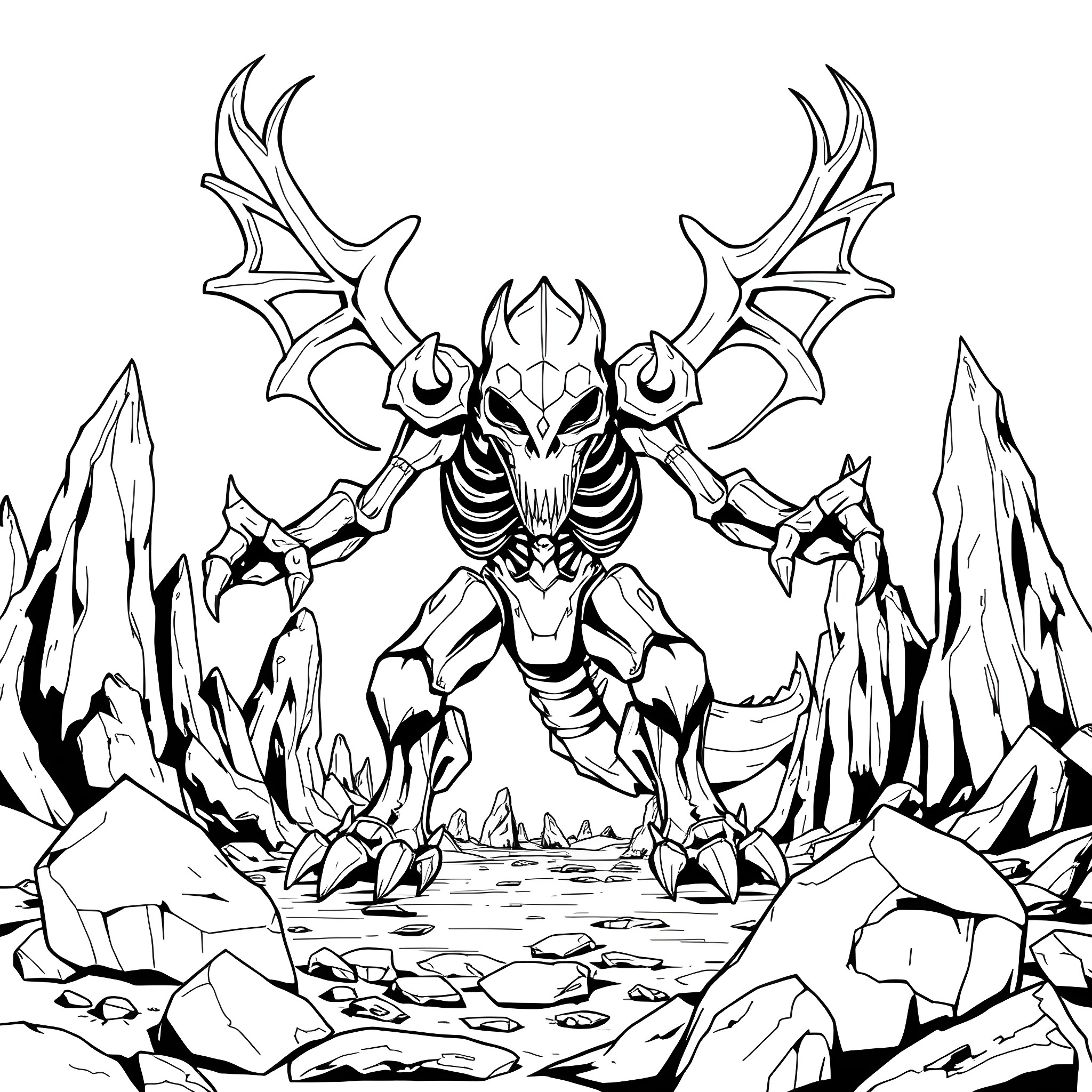 Skullgreymon - Fearsome Skeletal Digimon Emerging from Ruins Coloring Page (free black-and-white line drawing printable PDF for all, from beginners to advanced learners, including children, teens, adults, and seniors)