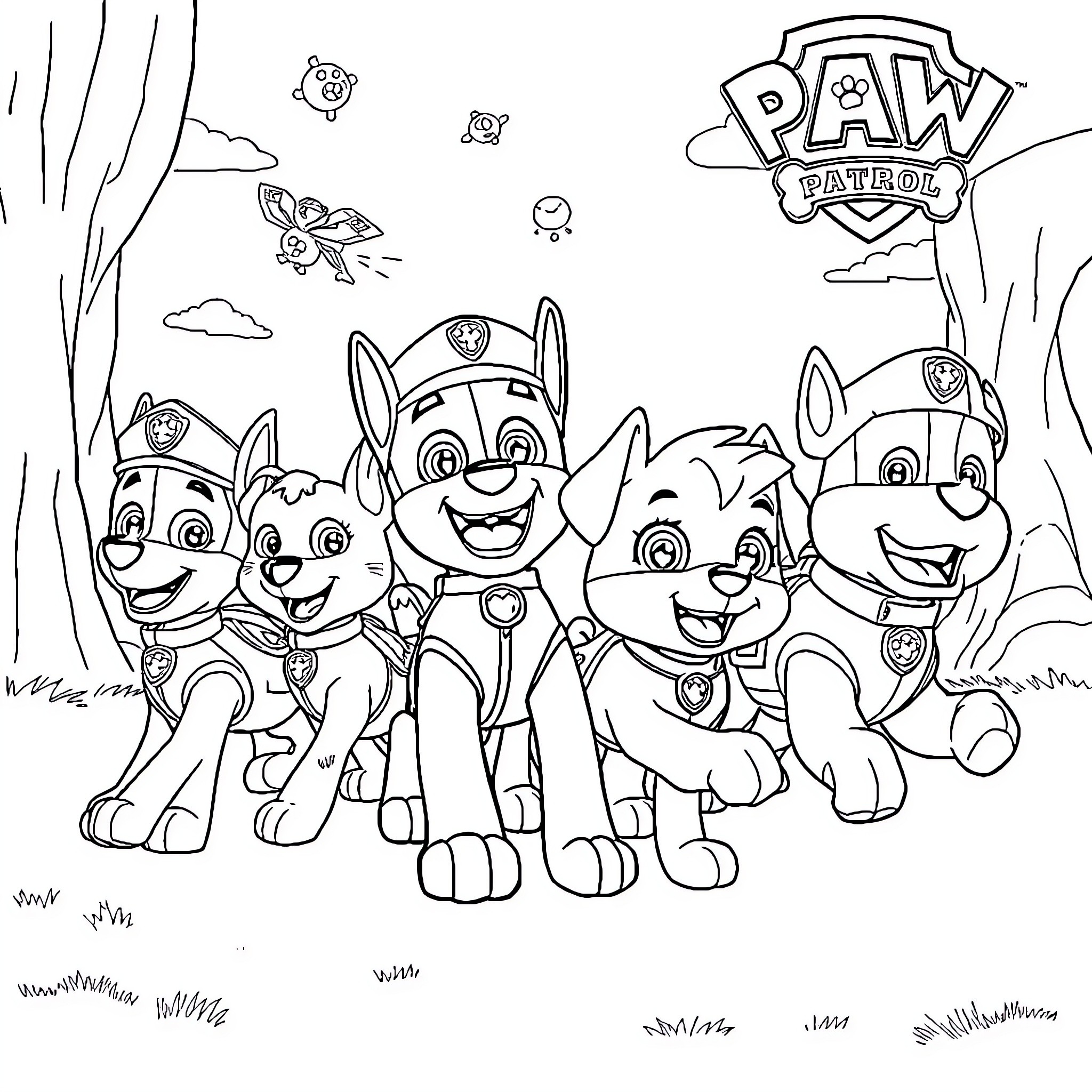 Paw Patrol characters enjoying outdoor adventure Coloring Page (free black-and-white line drawing printable PDF for all, from beginners to advanced learners, including children, teens, adults, and seniors)