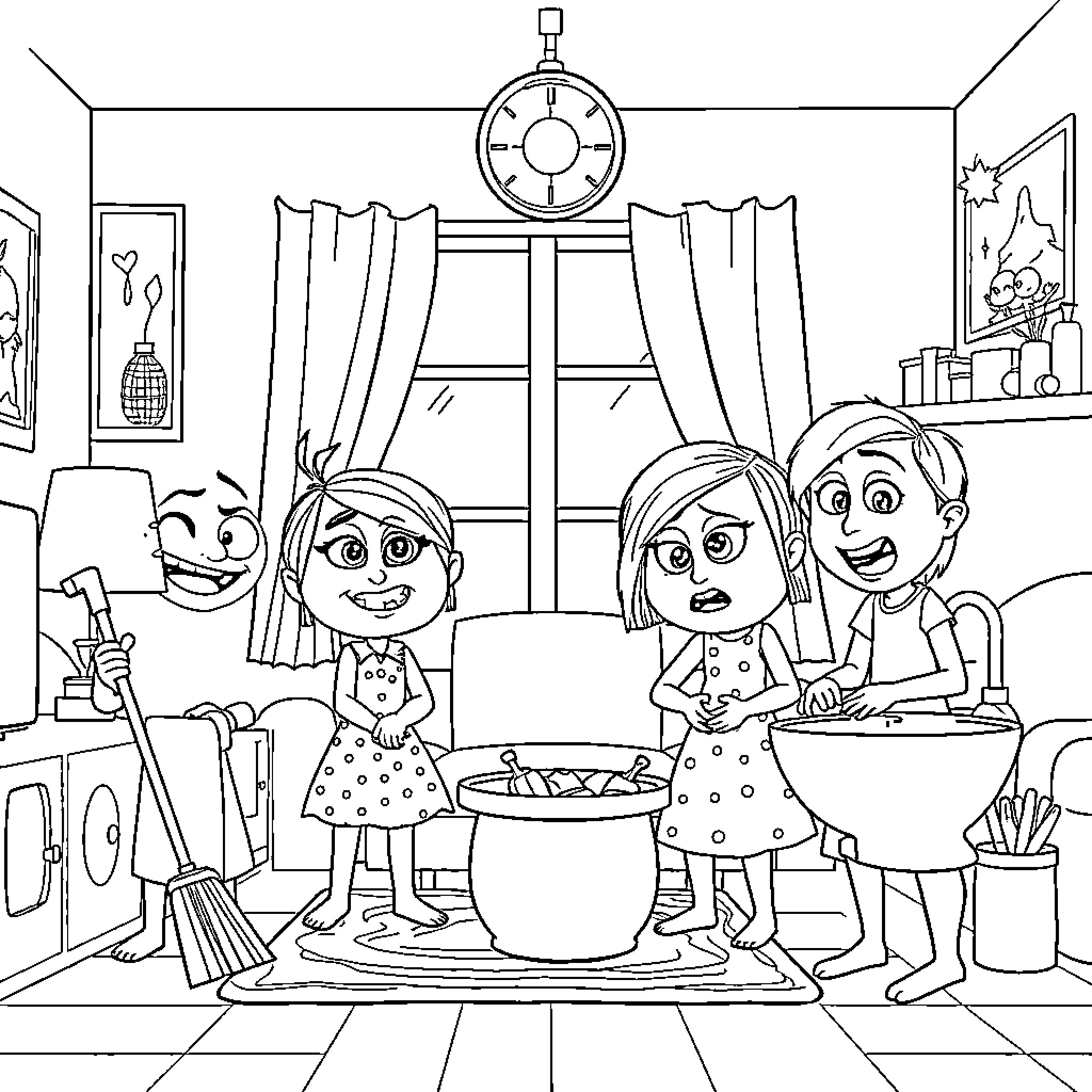 Character Family Cleaning and Cooking Together in the Kitchen Coloring Page (free black-and-white line drawing printable PDF for all, from beginners to advanced learners, including children, teens, adults, and seniors)