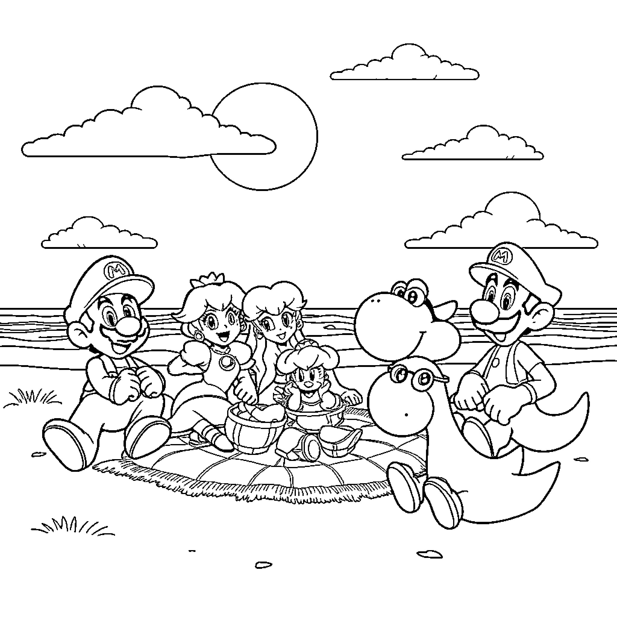 Mario and Friends Enjoying Outdoor Adventure Coloring Page (free black-and-white line drawing printable PDF for all, from beginners to advanced learners, including children, teens, adults, and seniors)