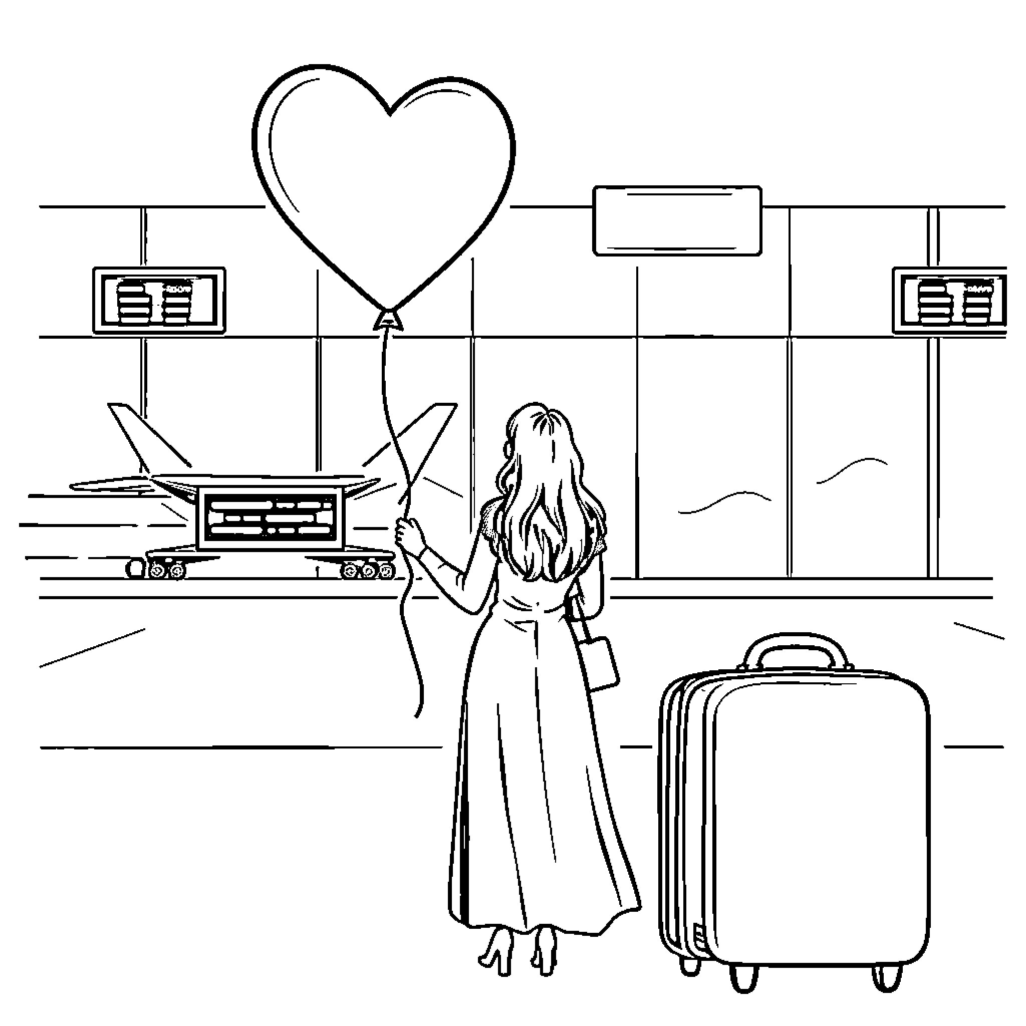 Wife admiring heart-shaped balloon at airport terminal Coloring Page (free black-and-white line drawing printable PDF for all, from beginners to advanced learners, including children, teens, adults, and seniors)
