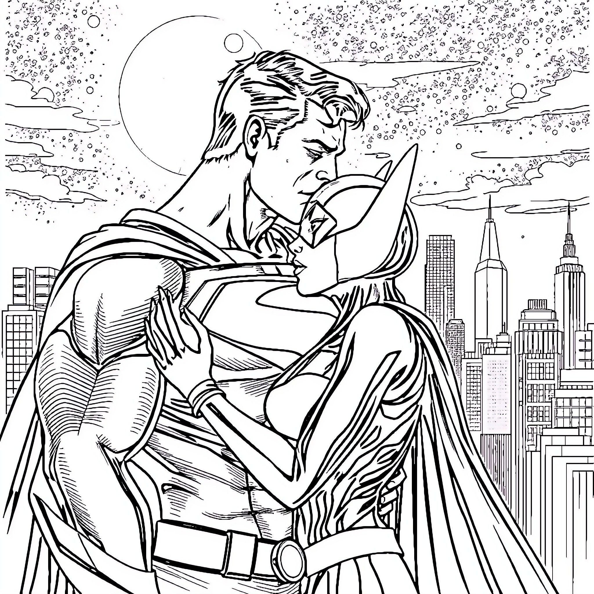 Superman flying over the city at night Coloring Page (free black-and-white line drawing printable PDF for all, from beginners to advanced learners, including children, teens, adults, and seniors)