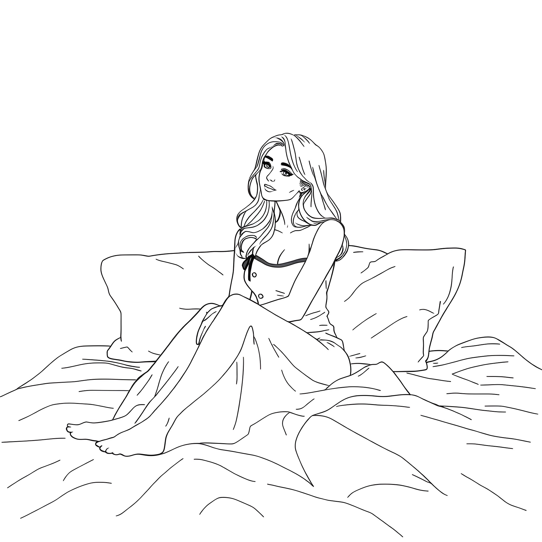 Woman sitting comfortably on a bed Coloring Page (free black-and-white line drawing printable PDF for all, from beginners to advanced learners, including children, teens, adults, and seniors)