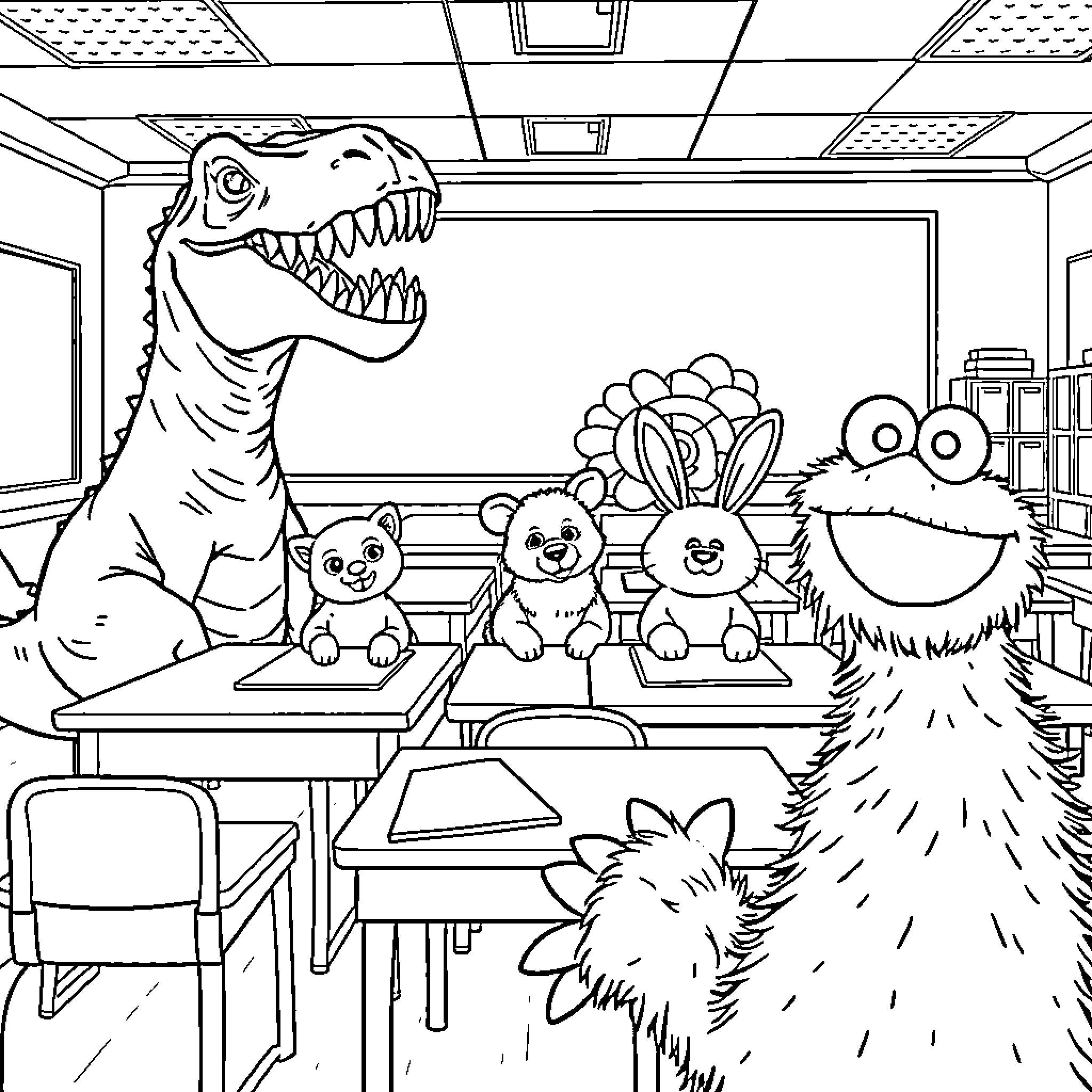 Dinosaur and Monsters in the Classroom Coloring Page (free black-and-white line drawing printable PDF for all, from beginners to advanced learners, including children, teens, adults, and seniors)