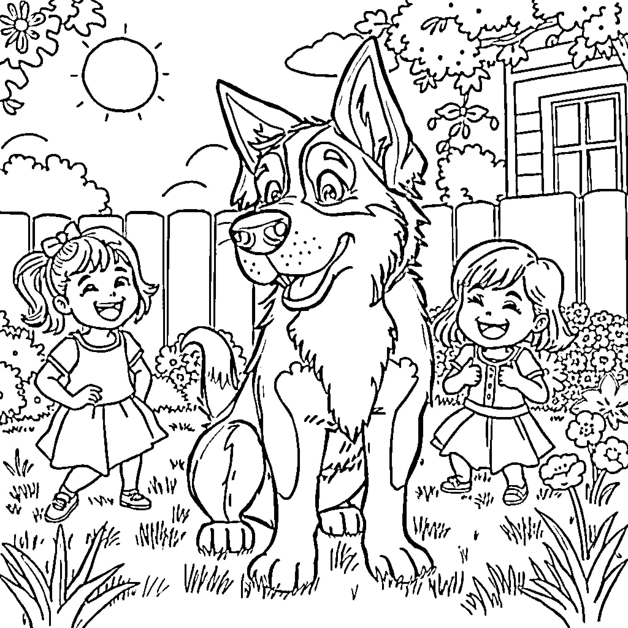 Huntrix: Children and Playful Canine in Outdoor Scene Coloring Page (free black-and-white line drawing printable PDF for all, from beginners to advanced learners, including children, teens, adults, and seniors)