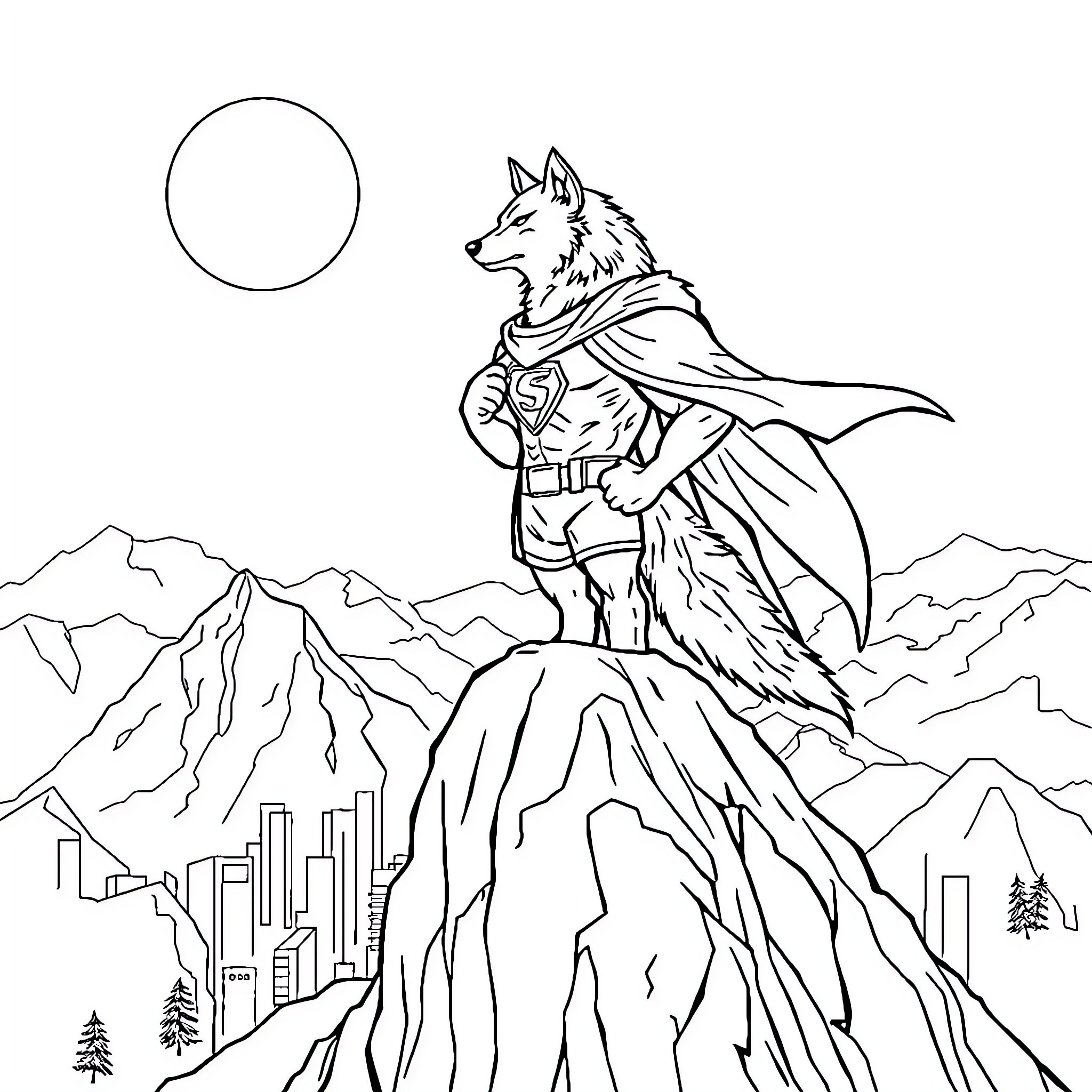 Wolf hero in superhero costume overlooking city Coloring Page (free black-and-white line drawing printable PDF for all, from beginners to advanced learners, including children, teens, adults, and seniors)
