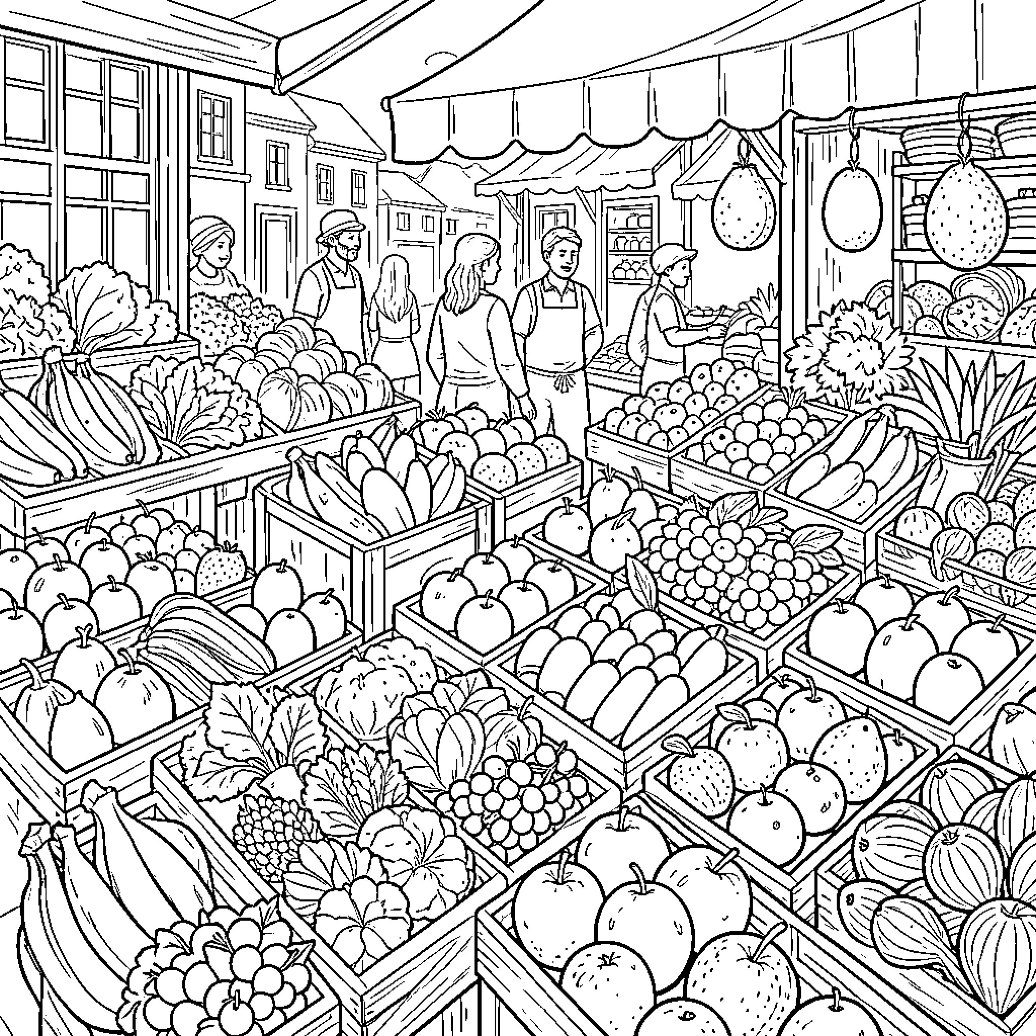Fruit and Vegetable Stalls at Local Market Coloring Page (free black-and-white line drawing printable PDF for all, from beginners to advanced learners, including children, teens, adults, and seniors)