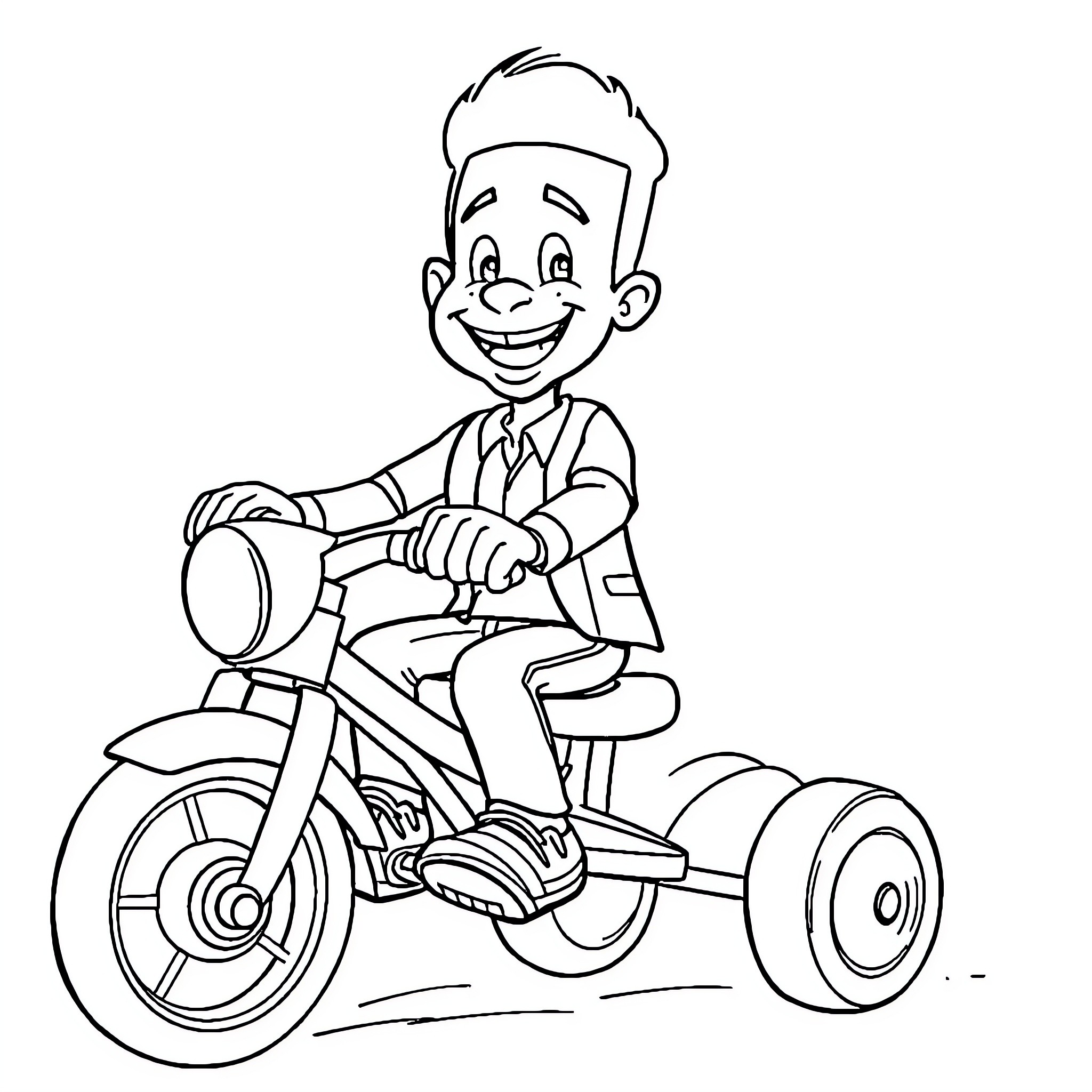Mr T Riding Tricycle with Delight Coloring Page (free black-and-white line drawing printable PDF for all, from beginners to advanced learners, including children, teens, adults, and seniors)